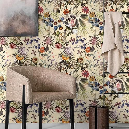 Miniatura 3 de Papel tapiz autoadhesivo de 18 x 236 pulgadas, diseño bohemio de flores silvestres y hojas, papel de contacto extraíble para despegar y despegar,