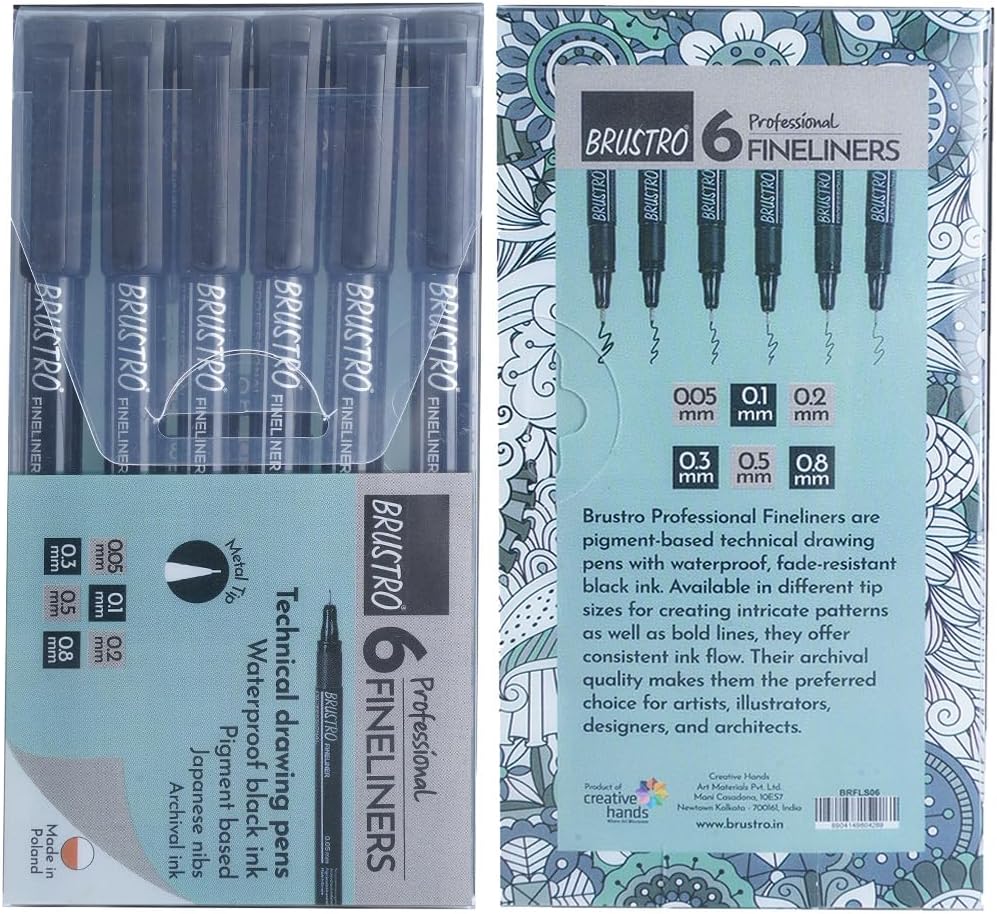 BRUSTRO Professional Pigment Based Fineliner - Set Of 6 (Black) Set of 6 Micron pen Black, Black