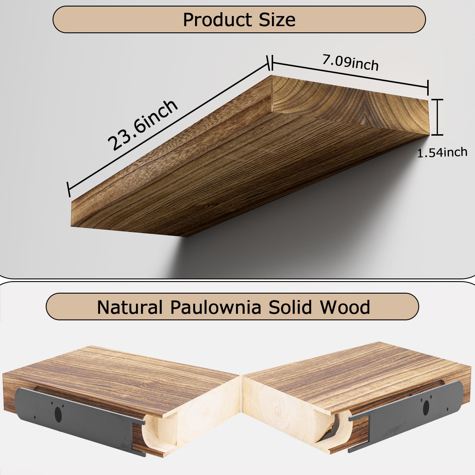 Set di 2 mensole galleggianti in legno da parete, 60 cm, in legno naturale di paulonia, decorazione rustica, mensole da parete per camera da letto, soggiorno, cucina (marrone chiaro, 60 cm)