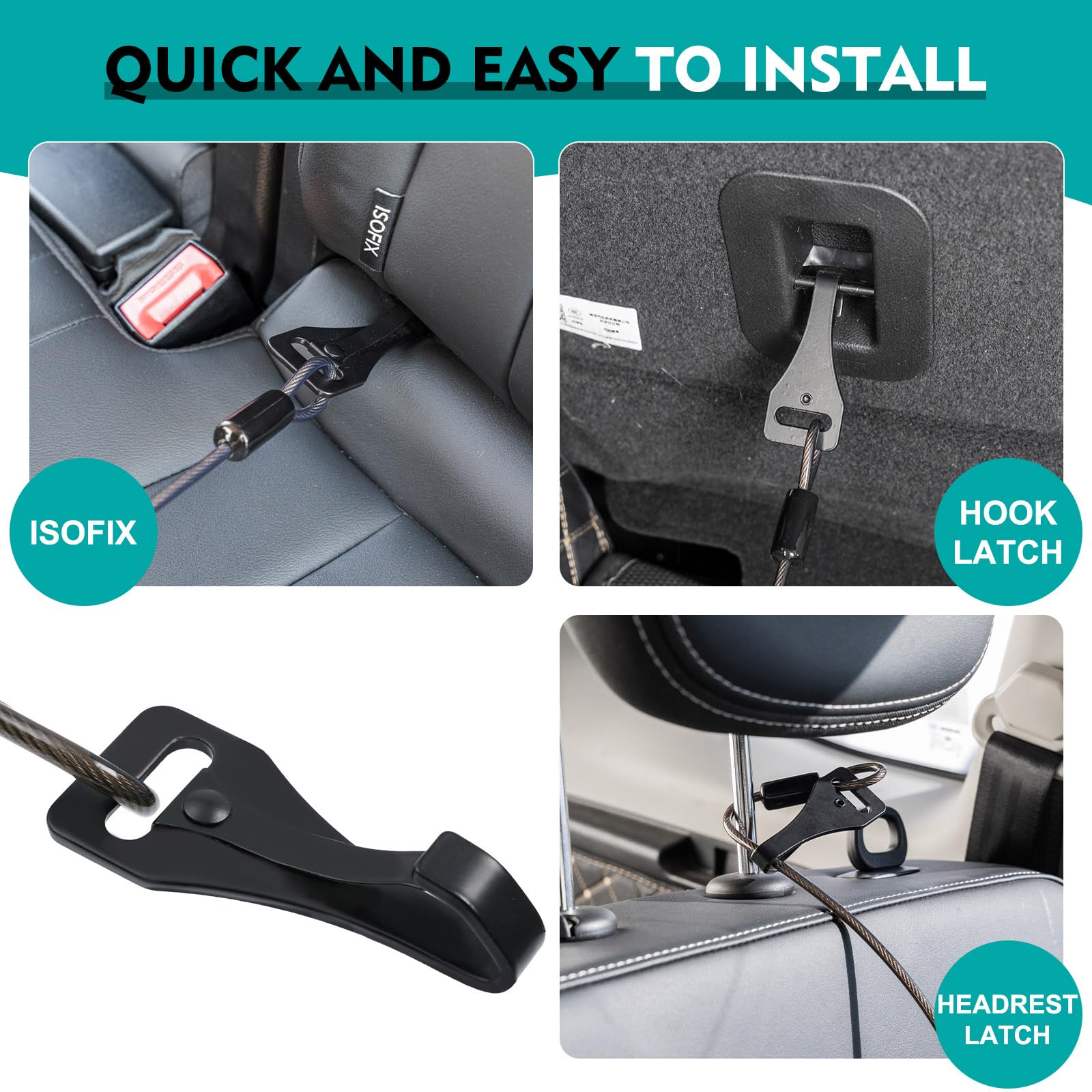 Chew Proof Dog Seat Belt for Car, 32 inch Black Dog Car Harness with Latch Bar Attachment and Aviation Aluminum Carabiner Up to 1000 lbs, Secure Dog Seatbelt Leash 1 Pack - image 6