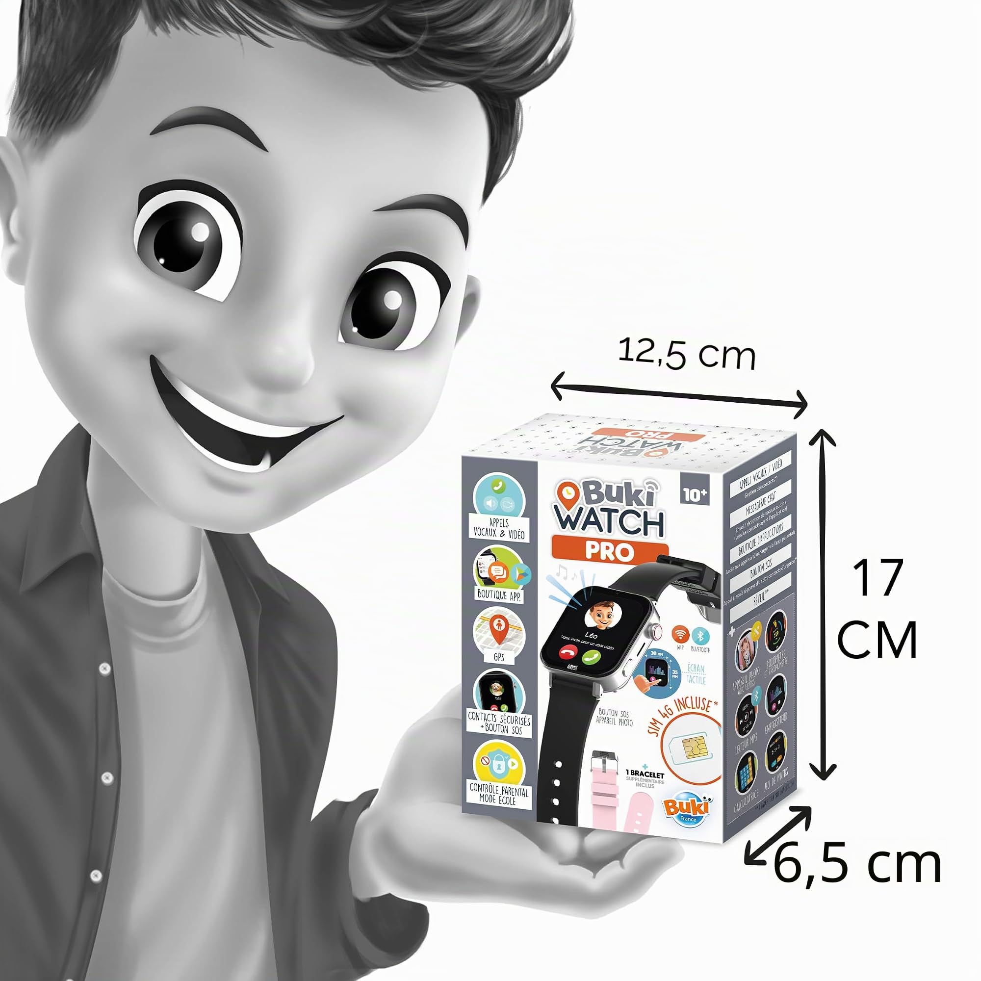BUKI France - Orologio da bambino con scheda SIM inclusa - Chiamate, GPS, video, WiFi, Bluetooth - Pulsante SOS, App genitoriale - Ideale primo telefono - BUKI Watch Pro - Fin dai 10 anni - PRO01