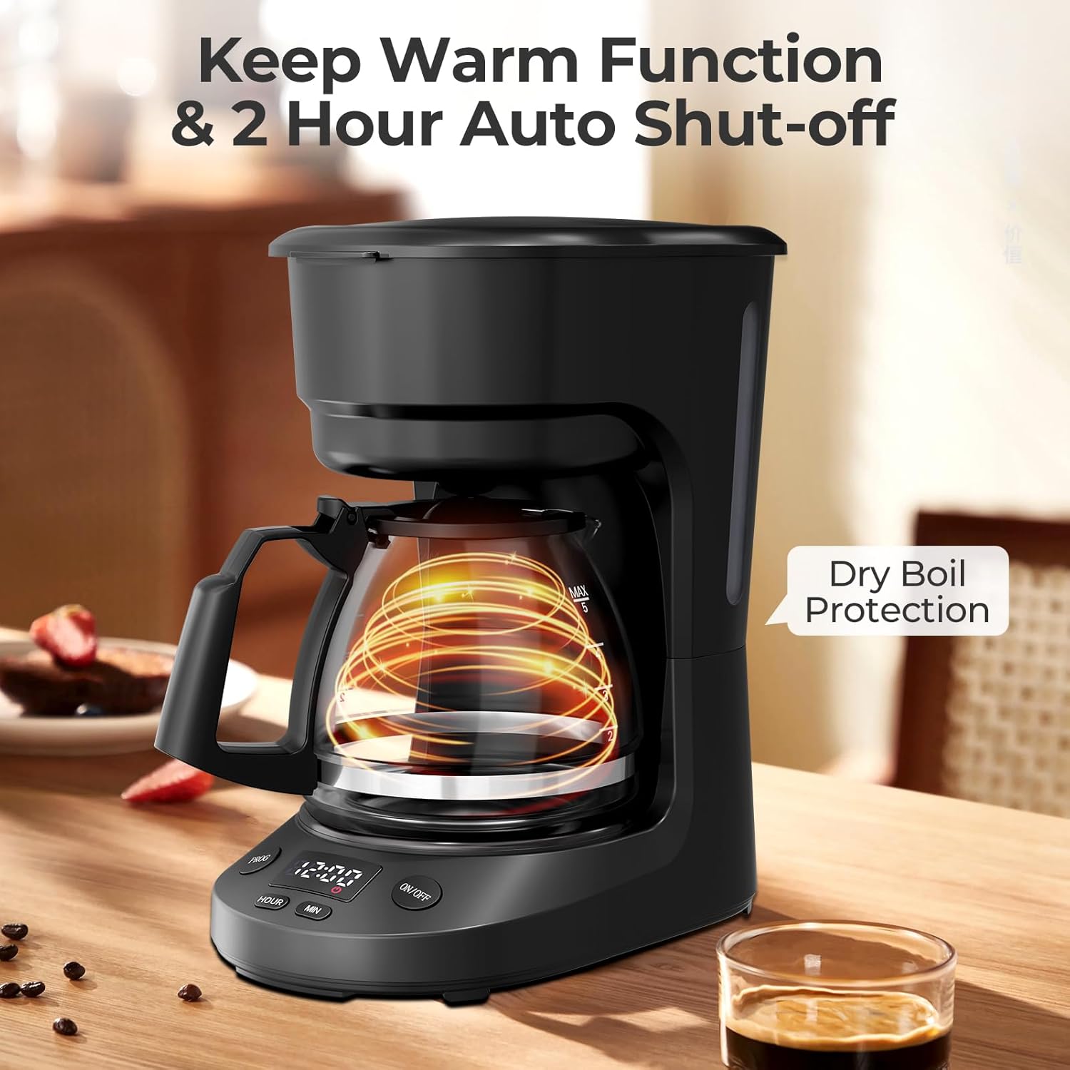 Havato coffee maker with glowing carafe, illustrating the 2-hour Keep Warm function and Dry Boil Protection.