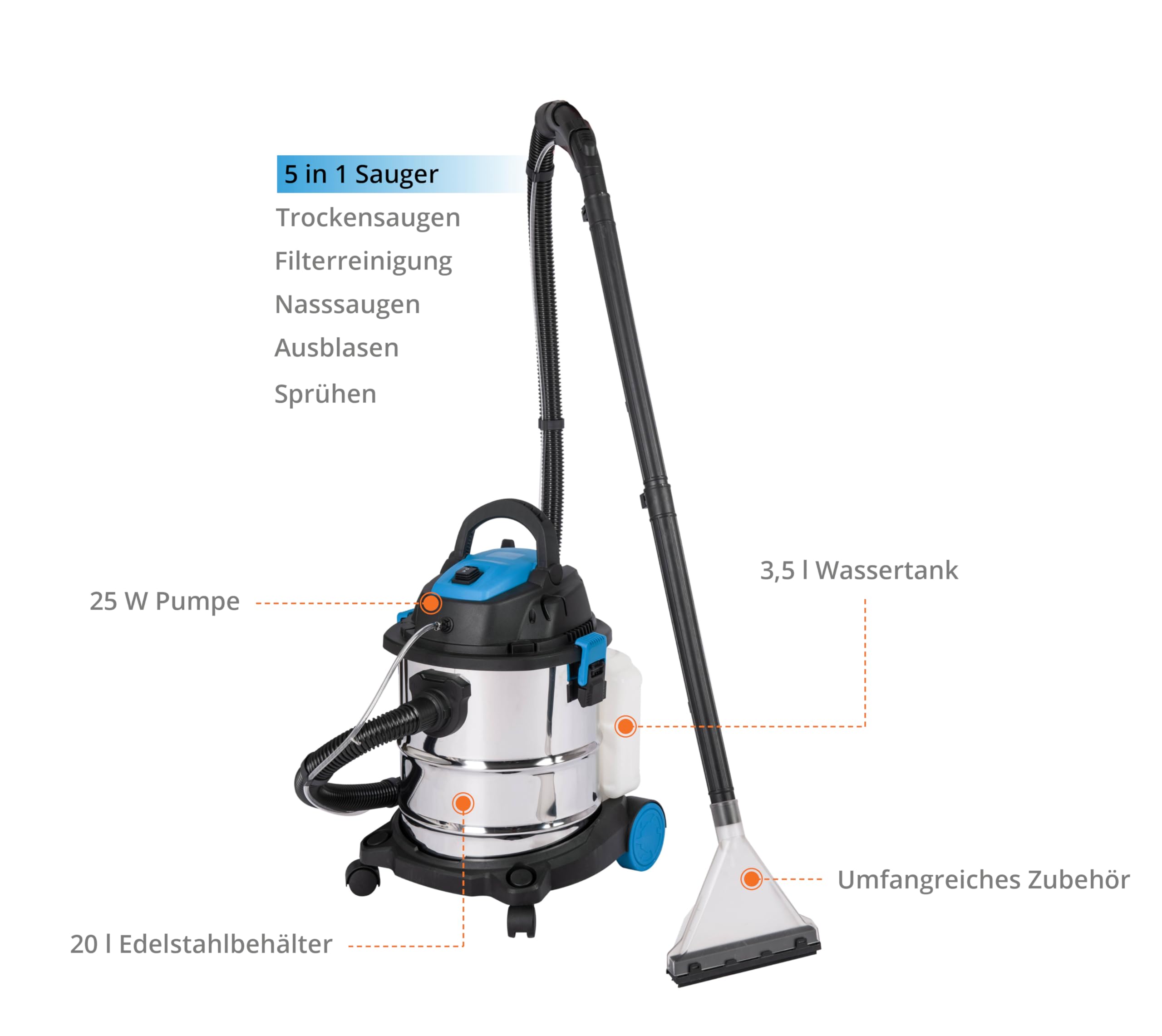 Güde Aspirapolvere GWS 1600-20 (1600 W, aspirazione a secco e bagnato, spruzzatura, soffiaggio, pulizia dei filtri, serbatoio in acciaio inox da 20 l, potenza di aspirazione massima 19 kPa