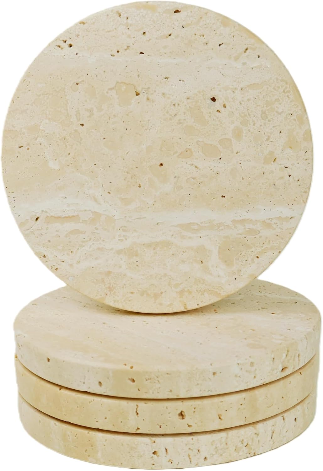 Natural Travertine Stone Coasters Set of 4 with Cork Backing – 4” (10cm) Round Absorbent Drink Coasters, Non-Slip Coffee Table Protectors, Rustic Farmhouse & Modern Décor, Gift-Ready