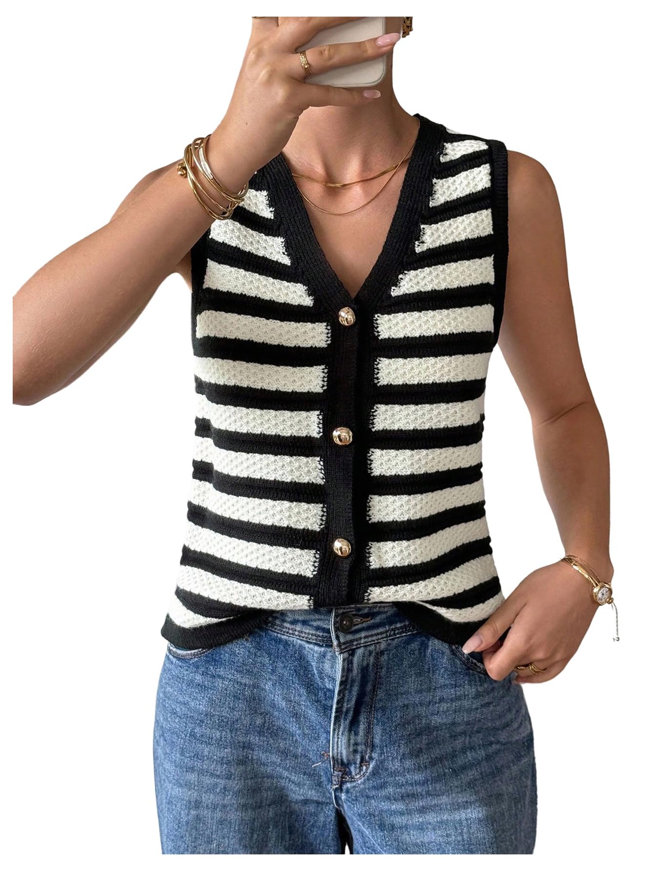 MakeMeChic Womens Striped Sweater Vest V Neck Button Down Sleeveless Knitted Tank Tops
