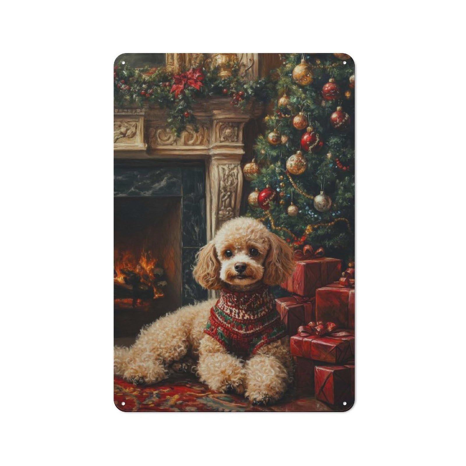 Junmoney Poodle Christmas Portrait Poodle In Holiday Metal Sign 30X20cm With Scene For Pub Or Café, Retro Decor, For Cooler-Month Interiors With Retro Character