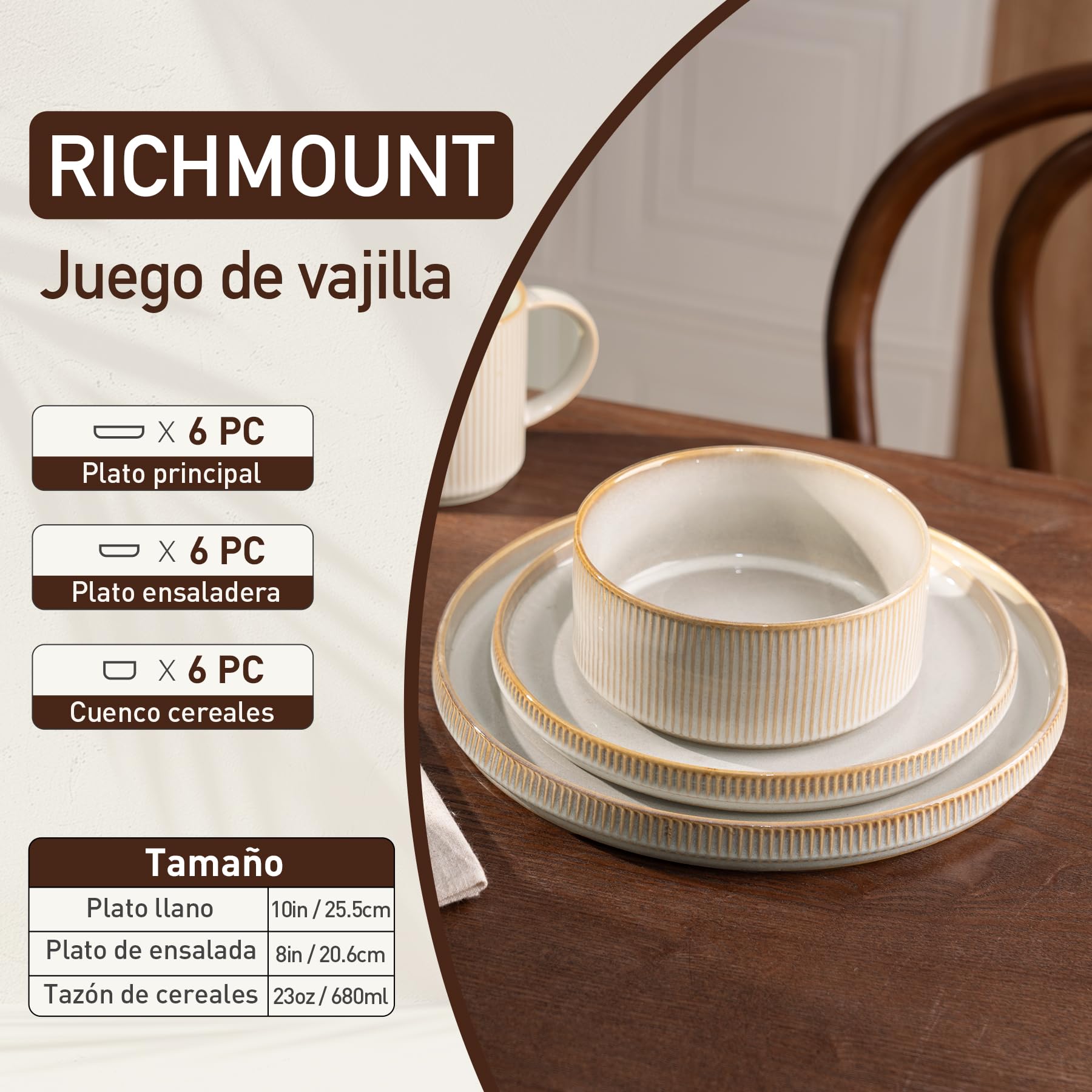 Richmount Star vajilla 18 piezas para 6, platos, blanco cappuccino | La vajilla incluye platos llanos y cuencos, es resistente a rayones y apta para microondas y lavavajillas