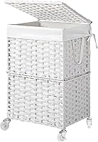 Vista 8 de Chrislley - Cesta de ropa delgada de 90 L con ruedas, canasta de lavandería con tapa y bolsa interior renovable, organizador de ratán tejido a mano