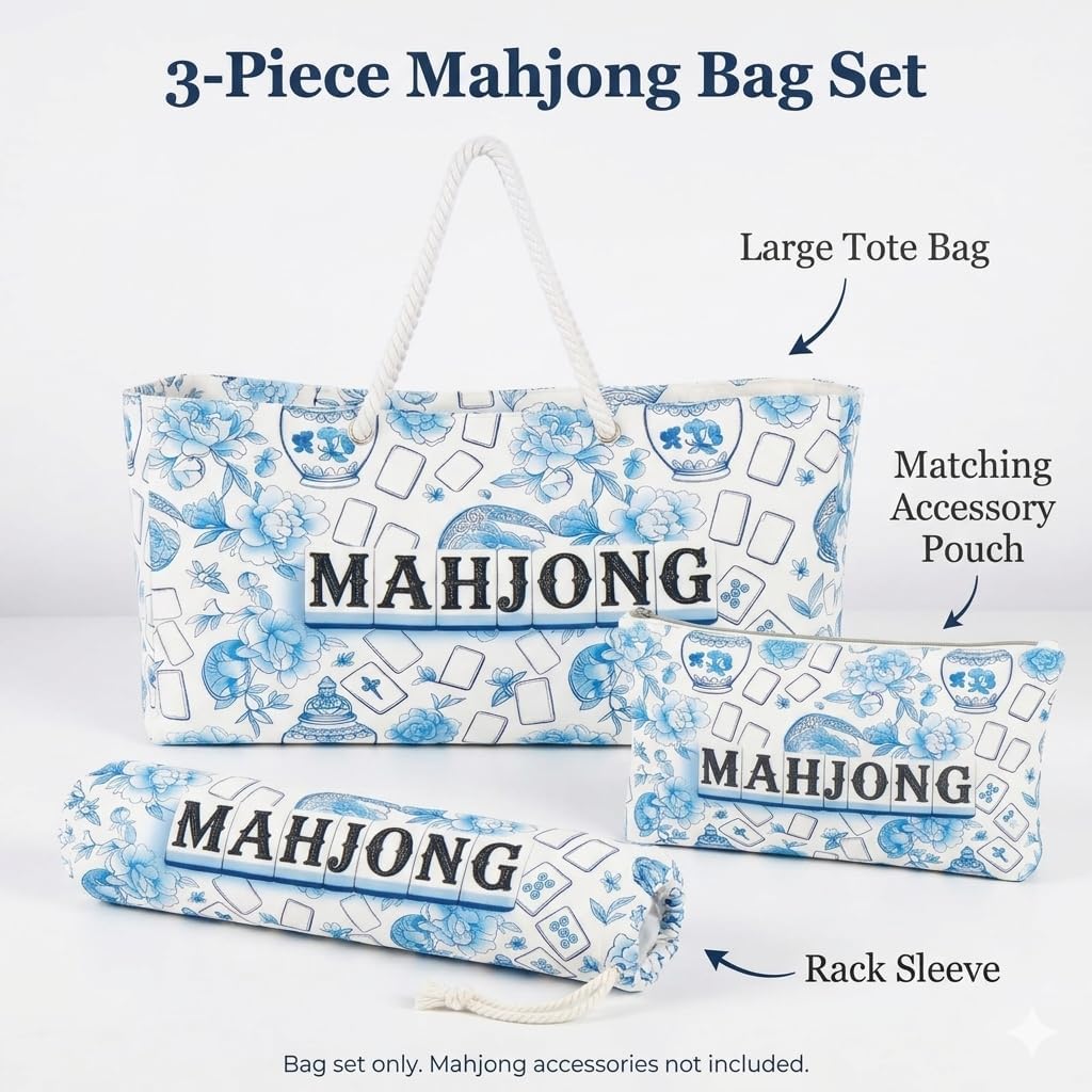 3 Pcs Empty Mahjong Bag Set Gift - American Mahjong Carrying Tote Bag，24 * 13 Inch Thickened Canvas ， Mahjong Bags for Tiles and Racks(Blue/White)