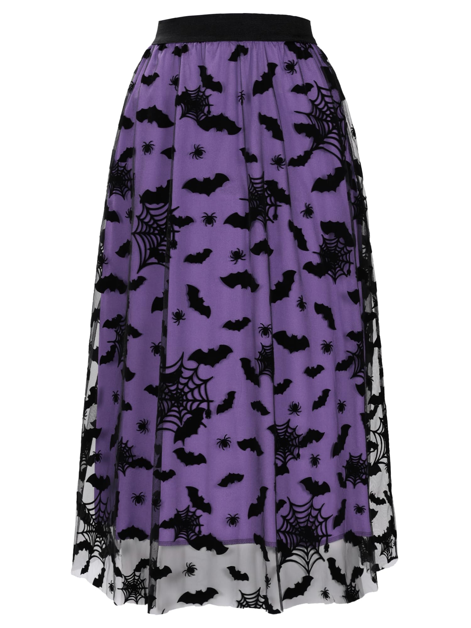 Cossoul Women's Purple Bats Halloween Tulle Skirt Pumpkin Elastic Waist Layered Mesh Midi Halloween Witch Skirt, S-M