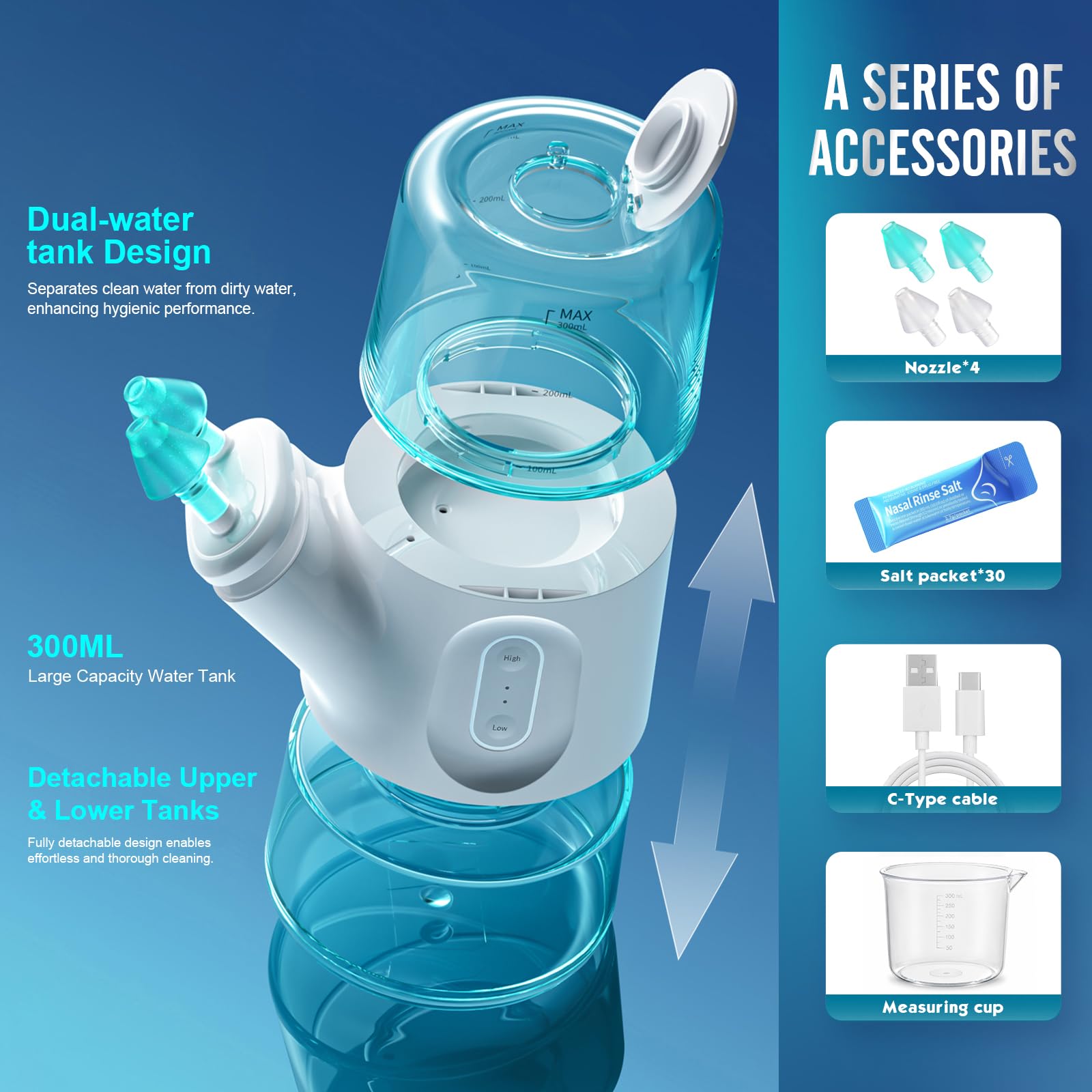Electric Nasal Irrigation System – Sinus Rinse Machine with Dual Water Tank, Automatic Waste Collection & & 2 Speed Adjustable Water Flow, Congestion & Sinus Care, Positive Pressure(301ml) — Amazon image 2