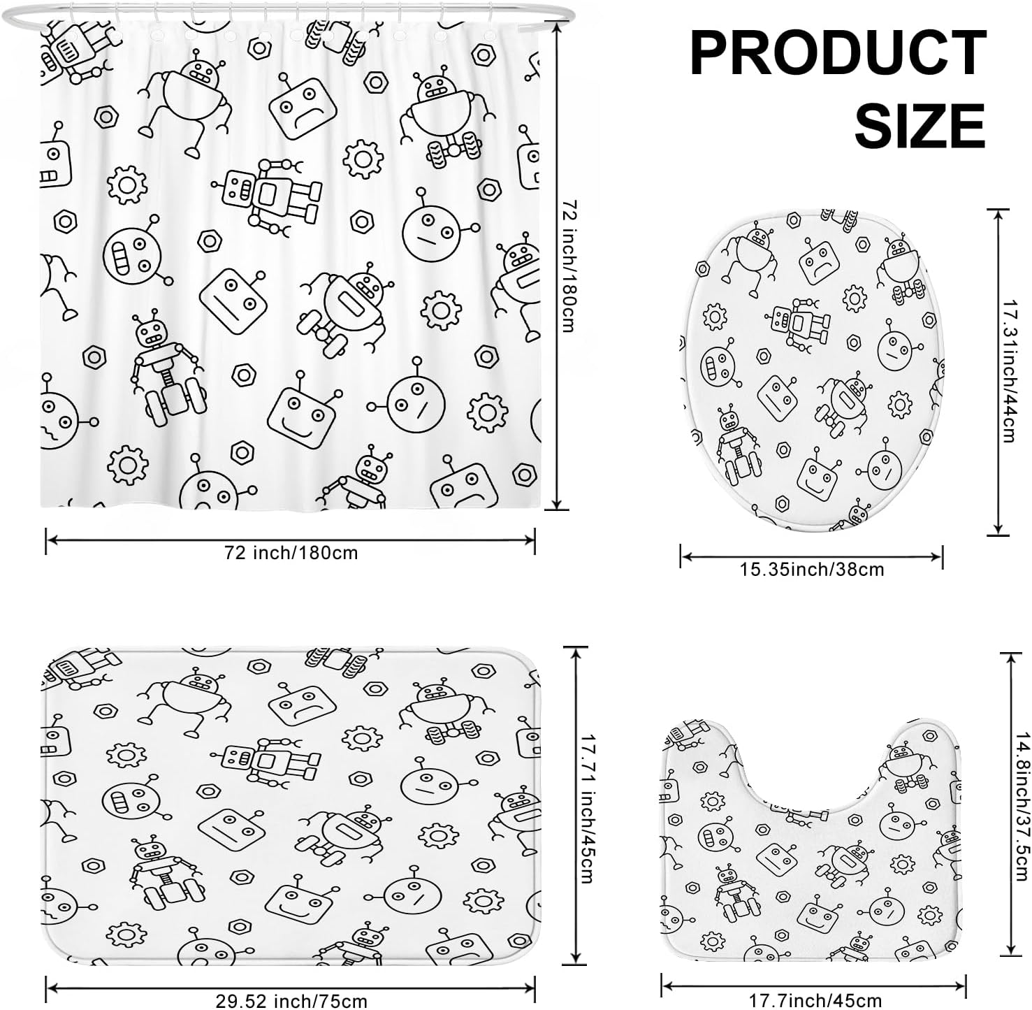 4PCS Simple Cartoon Robot Curtain Sets with Non-Slip Rug, U Shape and Toilet Lid Cover Mat, Funny Line Drawing Kids Home Bathroom Accessory Sets Decor with 12 Hooks, 72 x 72 Inch