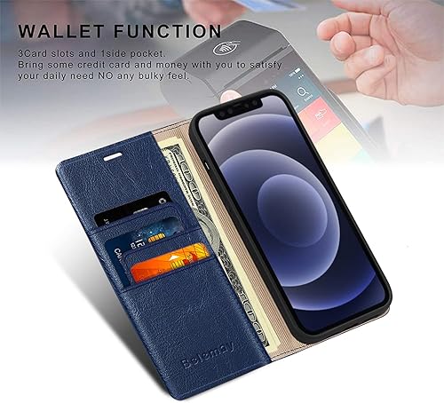 Miniatura 4 de Belemay Funda compatible con iPhone 15, piel auténtica, tarjeteros con bloqueo RFID, carcasa de TPU a prueba de golpes, función atril, funda
