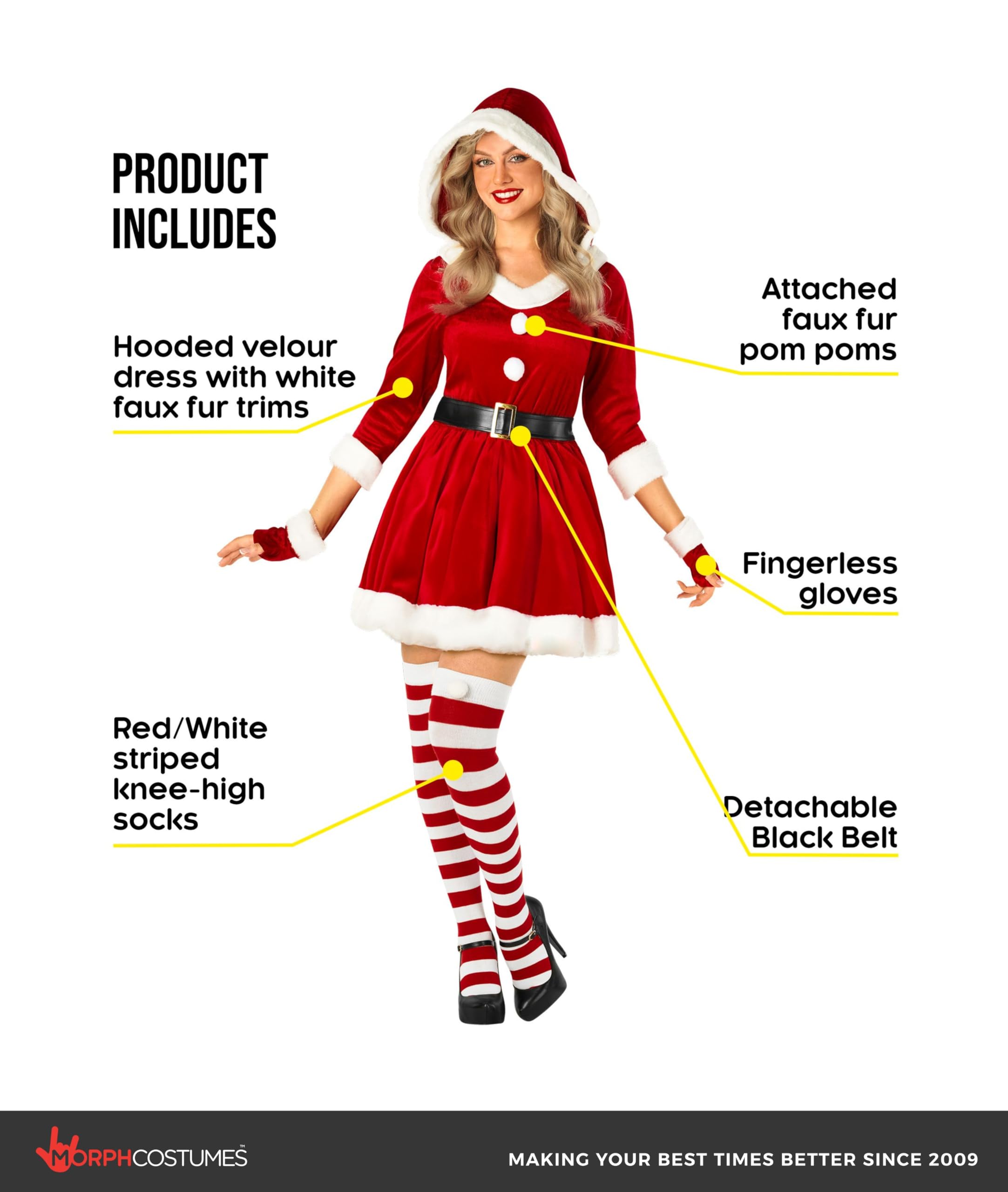 Morph Deguisement Mere Noel Femme, Costume Noel Halloween Femme | Robe Rouge à Capuche, Ceinture, Mi-Gants & Bas, Tenue de Noël Complète, Parfait pour Halloween, Idéal pour se Déguiser