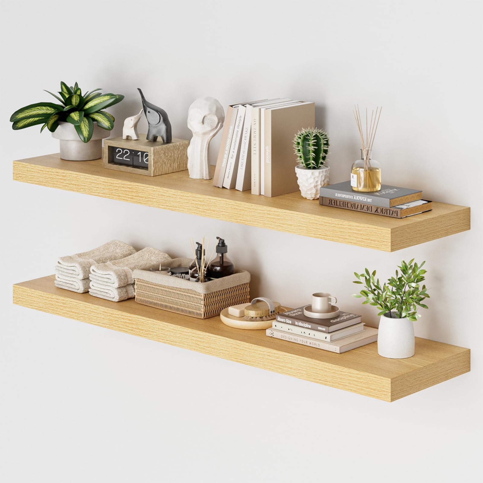 48W x 12D Long Floating Shelf, 12 Inch Deep Floating Shelves for Wall Set of 2, Wood Shelves for Bedroom Living Room Bathroom Kitchen Home Office, Wall Shelves with Heavy Duty Bracket, Oak