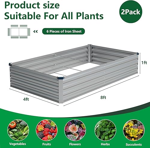 Miniatura 2 de Vengarus Kit de cama de jardín galvanizado elevado de 8 x 4 x 1 pies (paquete de 2), maceta de metal para exteriores, contenedor rectangular