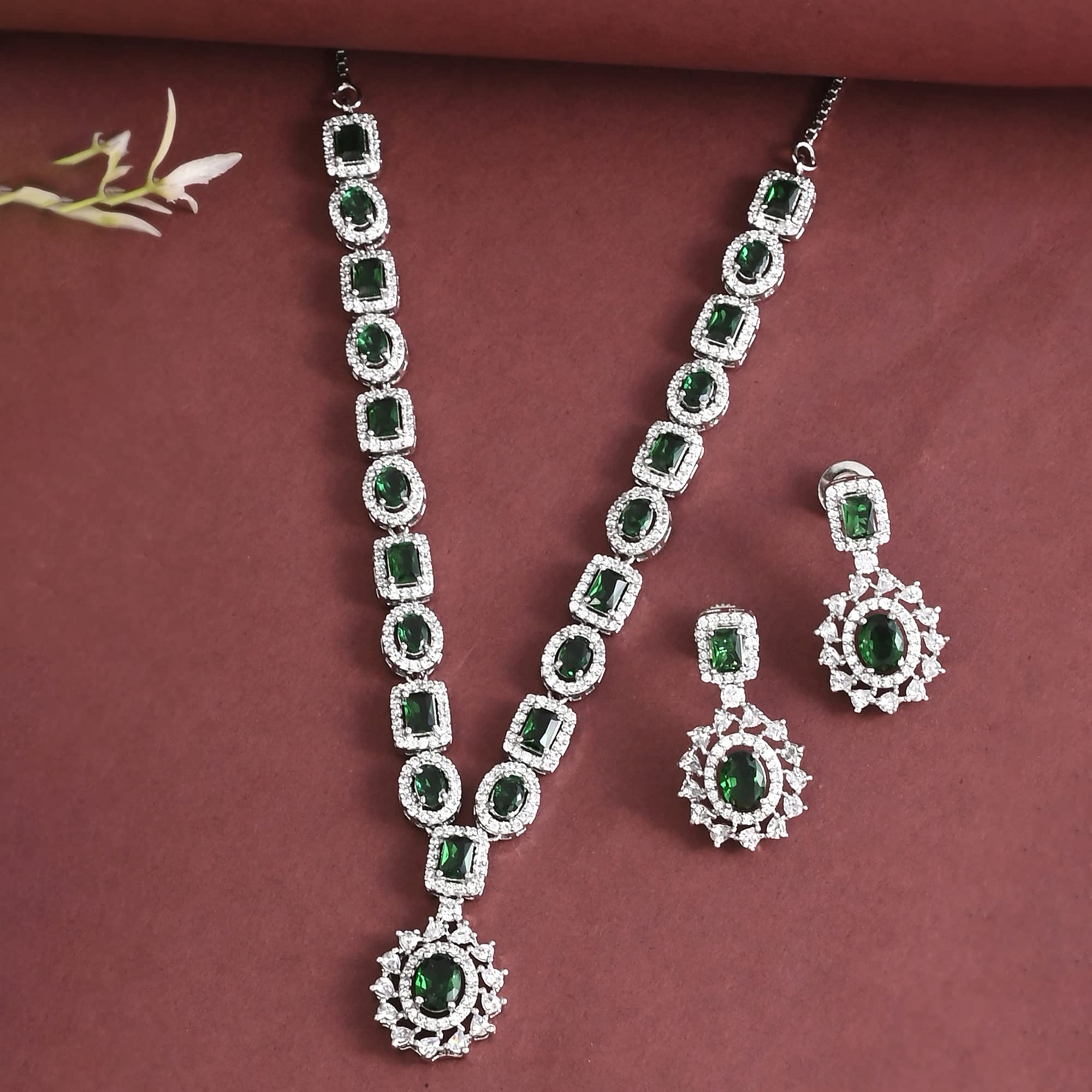 Voylla Green & CZ Brass Plated Jewellery Set
