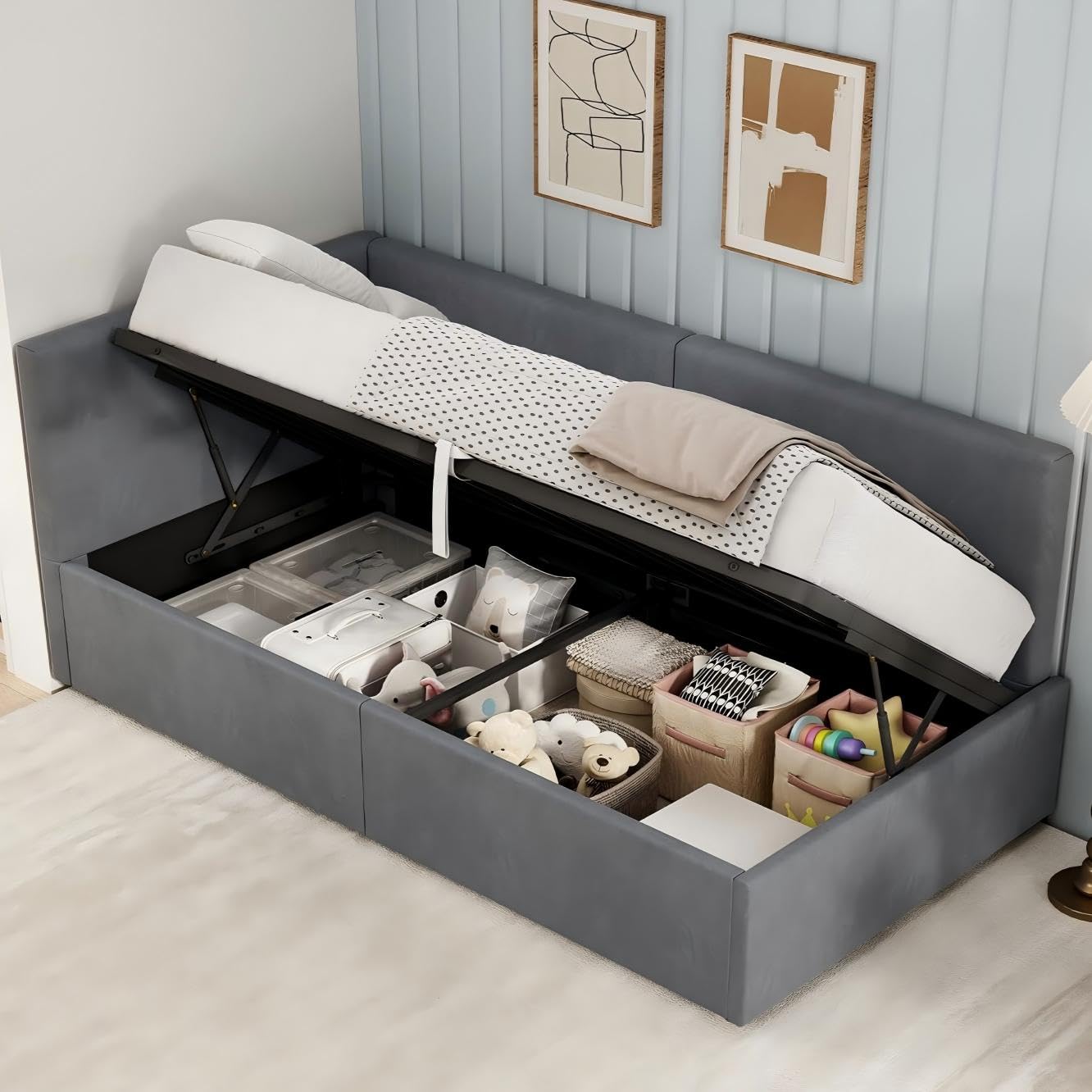 LUXOAK Polsterbett Schlafsofa 90x200 mit Hydraulischem Stauraum & Metall-Lattenrost, Tagesbett aus Samt, Kinderbett Gästebett Jugendbett (Dunkelgrau)