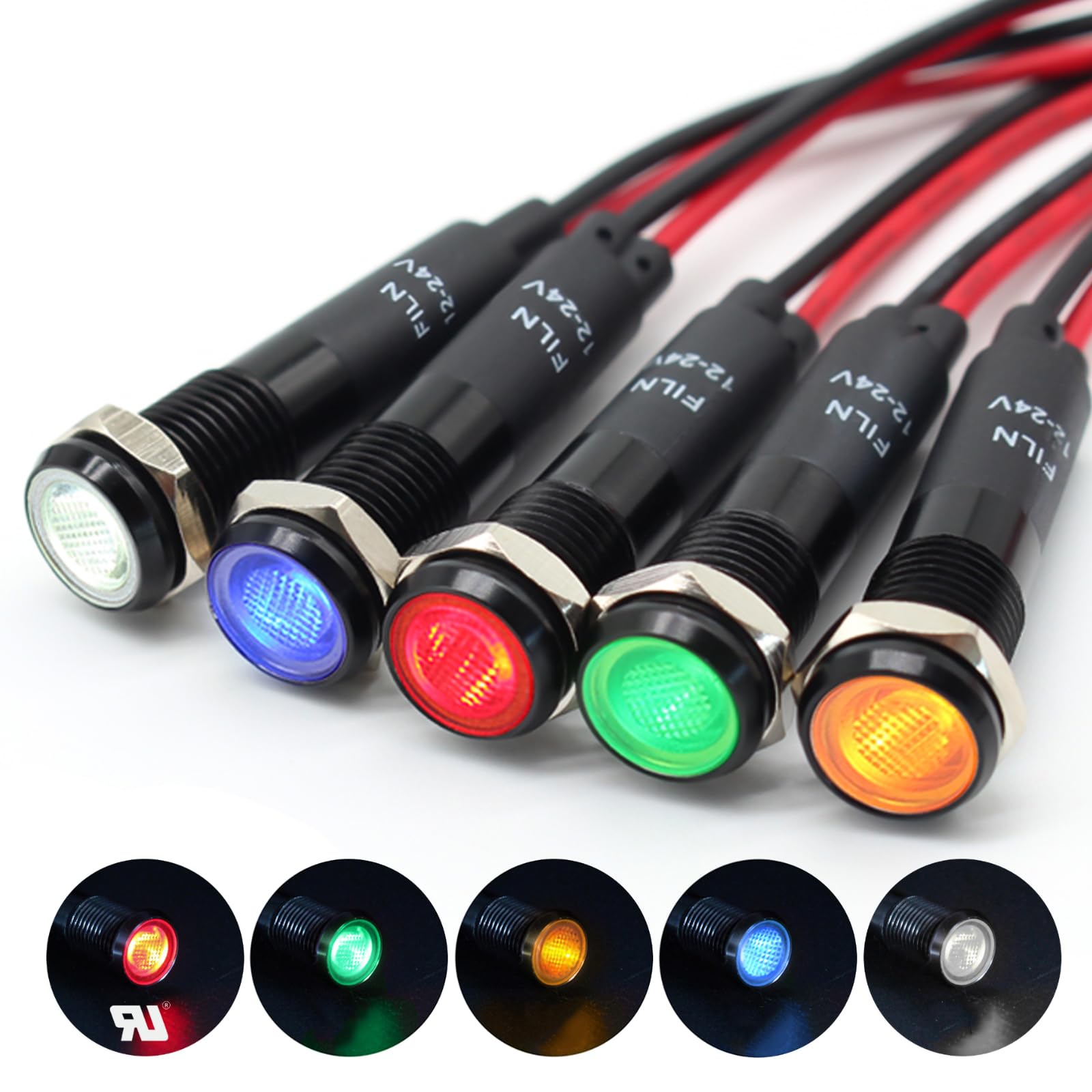 FILN 8mm Metal Indicator Pilot Lights | 12V Waterproof IP67, Black Anodized, Flat/Concave/High Head Styles (Blue, 3 Pcs) - View #2