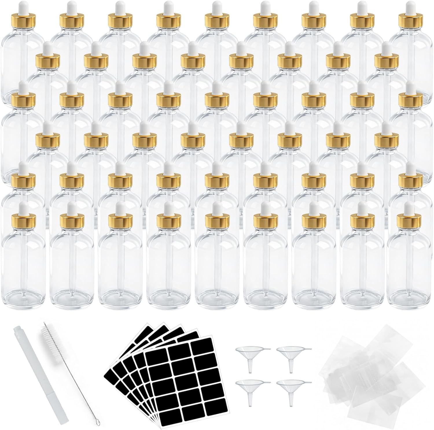 52 Pcs 4 oz Glass Dropper Bottles with Eye Droppers, Pen, Brush, 4 Funnels, 52 Shrink Wraps, 75 Labels Leakproof 120 ml Clear Glass Tincture Bottles for Perfumes Hair Oil Essential Oil