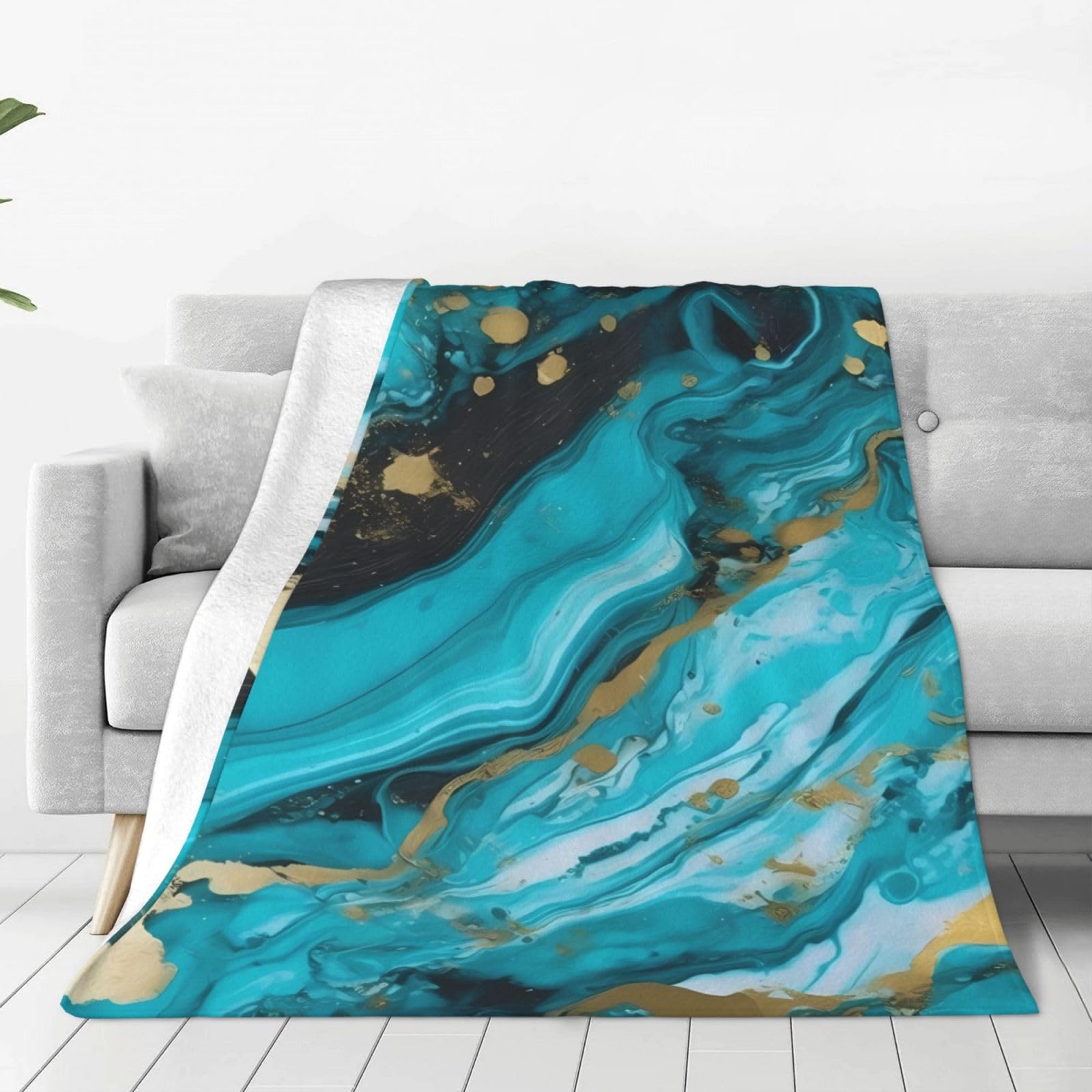 Turquoise Blue Gold Marble Throw Blanket 50"x40" Flannel Fluffy Warm Blanket for Couch, Reversible Plush Blankets for Bed, Comfy Fuzzy Blanket for Sofa, Plush Lightweight-Blankets for All Season