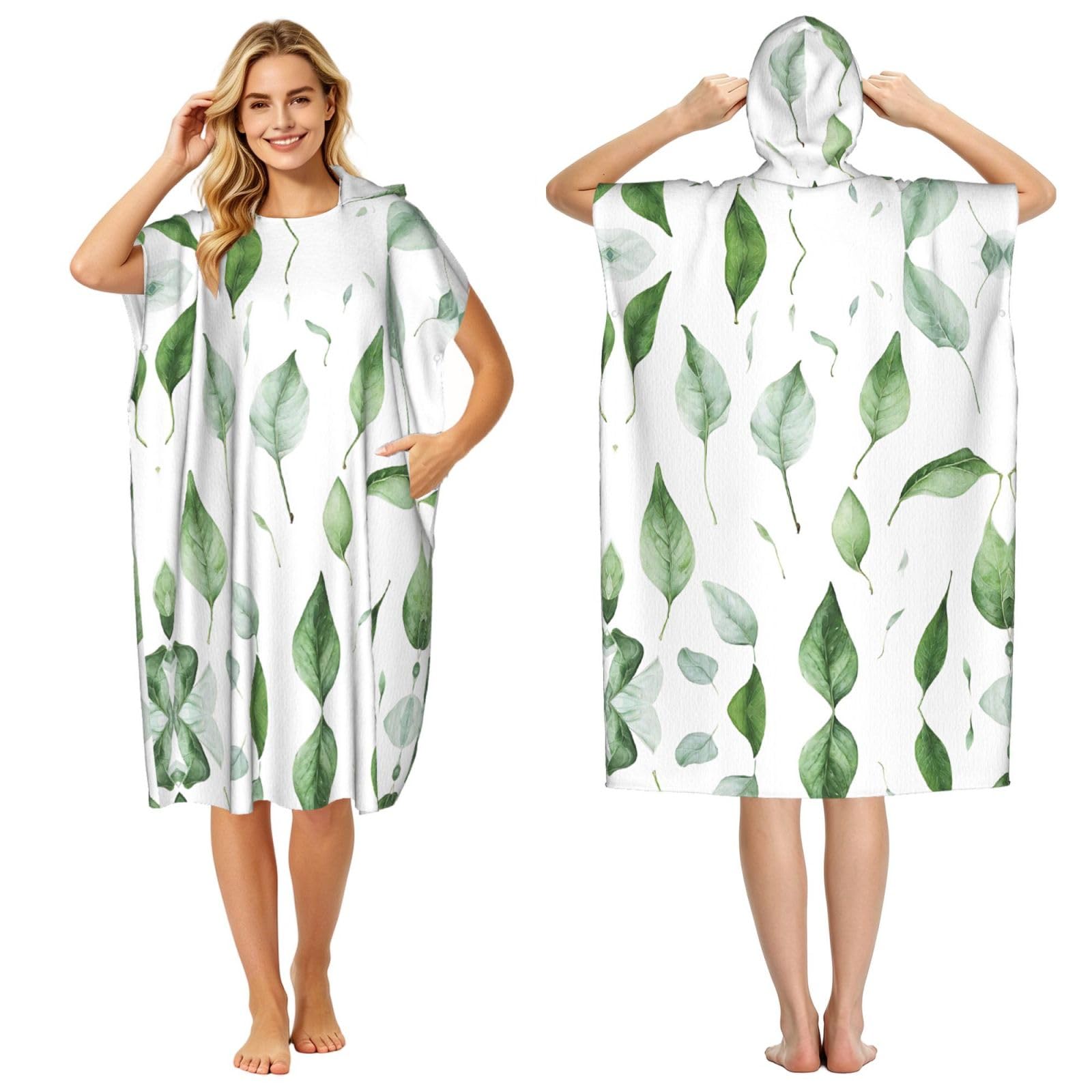 EZDLOWVBA Eucalyptus Leaves Print Hooded Poncho Microfiber Beach Towel,Adult Women & Men Changing Robe,Lightweight Summer Surf Swim Bath Poncho Towel
