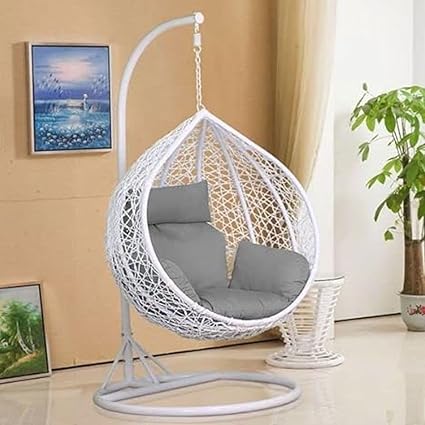 Hammock Single Seater Swing Chair with Stand & Cushion Hanging Jhula for Indoor Outdoor Balcony Home Patio Yard Balcony Garden Furniture (Grey and White)