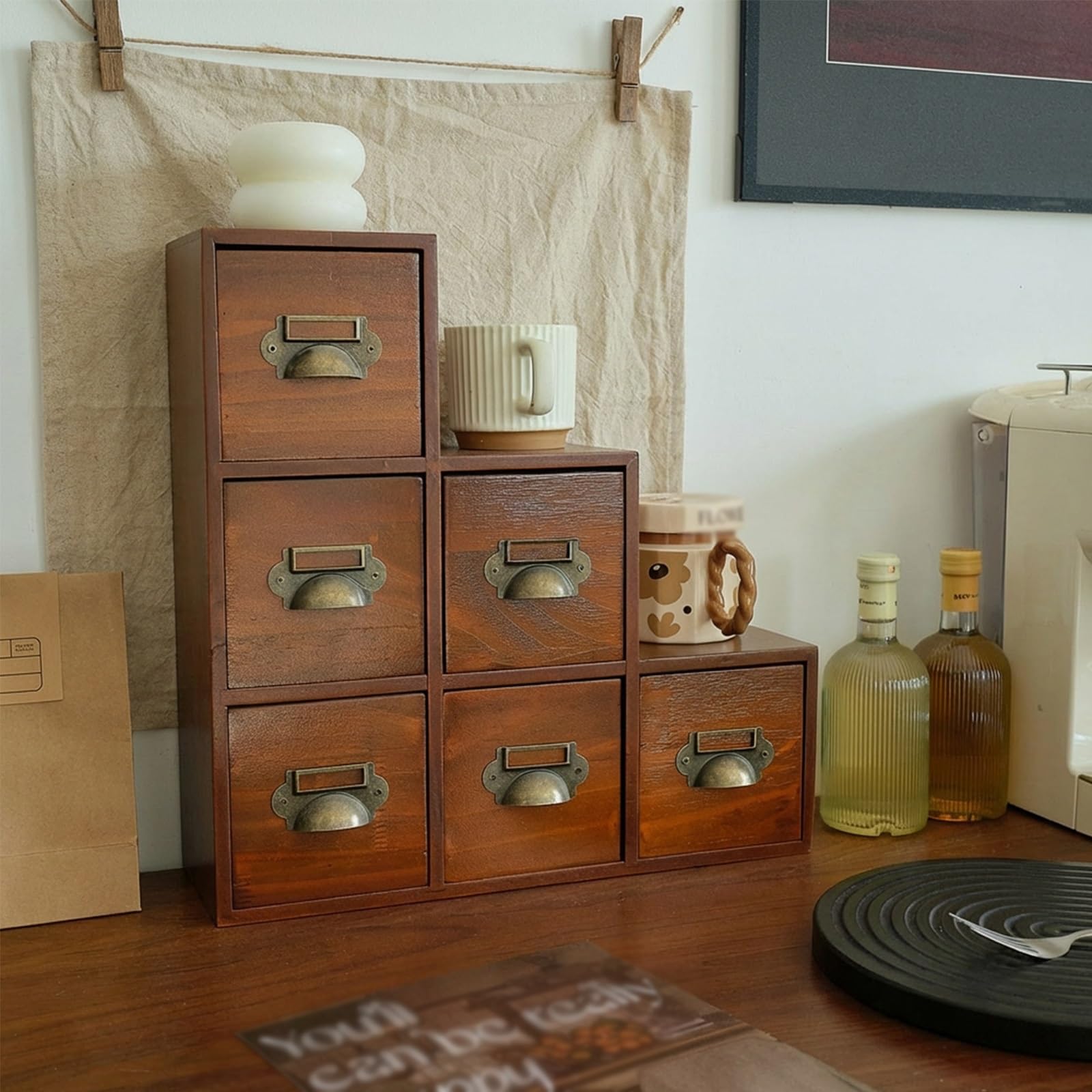 Gabinete De Almacenamiento De Madera, Organizador De Sobremesa Con Asas De Metal, Diseño Escalonado, Boticario Y Tarjetero Para Té, Manualidades, Cosméticos