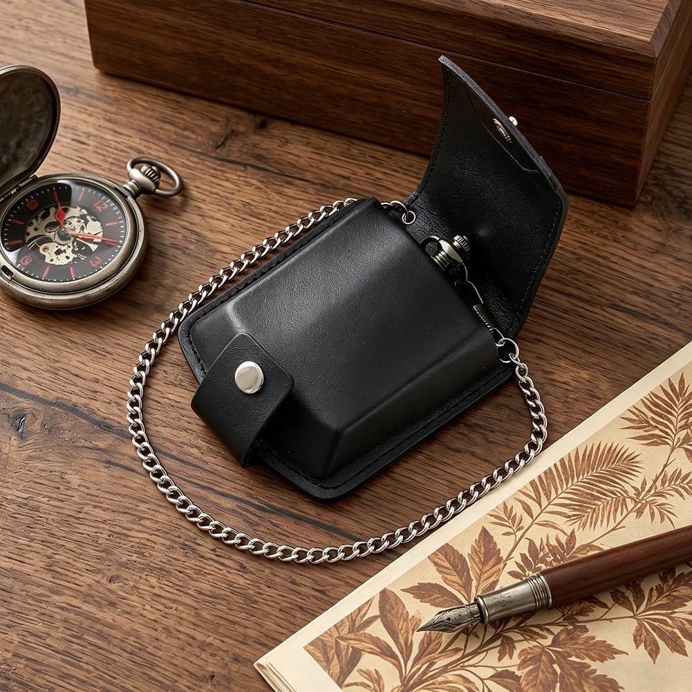 PH PandaHall Pocket Watch Case, PU Leather Pocket Watch Pouch with Platinum Chain Vintage Watch Travel Case for Men's Watch Storage Display Gift Collection Protection Father Birthday Gift, 3.5"x3"