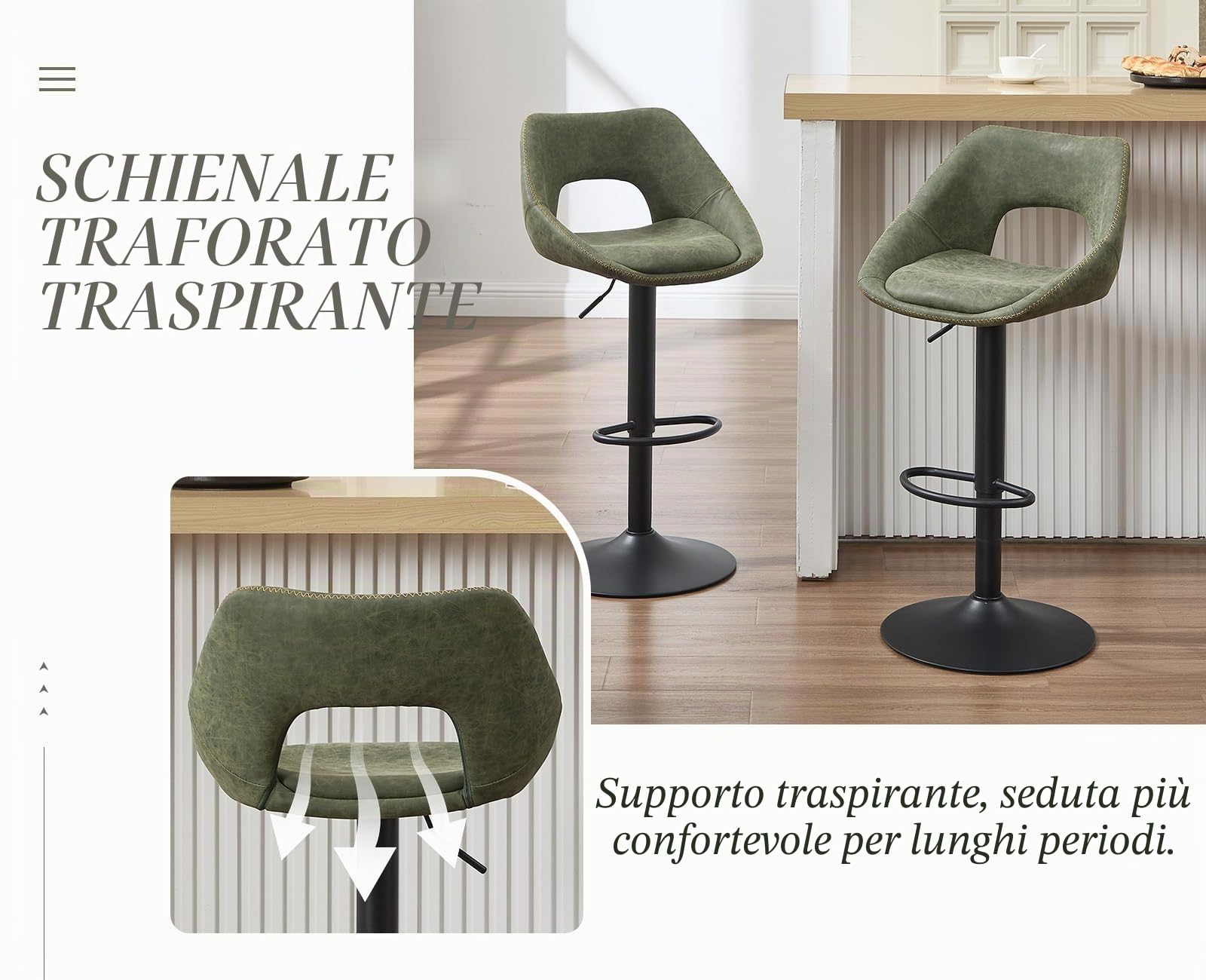 Ya-Home Set di 2 Sgabelli da Bar Sgabelli Alti Cucina in Ecopelle Sgabello Imbottito con Schienale Sedie da Bar Regolabile e Girevole per Cucina Penisola, Verde
