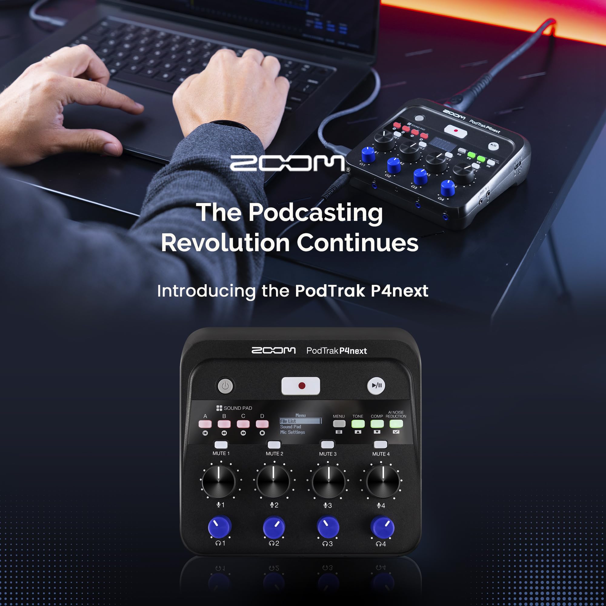 Zoom PodTrak P4next - Registratore audio multitraccia portatile, con 4 ingressi microfono, microfono portatile, cuffie, supporto per microfono, filtro pop per interviste, registrazione remota degli