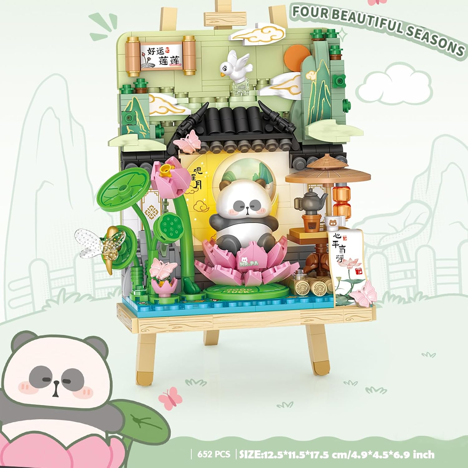 MEIEST Panda Mini Building Blocks Cute 3D Painting Model Set,Creative 4 Seasons' Views Collection Construction Building Bricks Toy,Home Decor (Summer-Lotus)