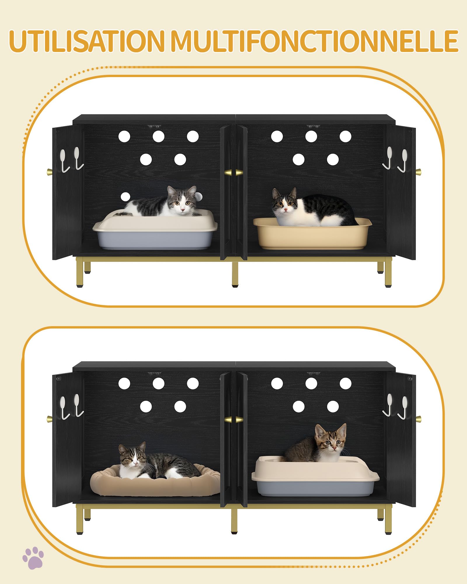 Hzuaneri Maison de Toilette Chat pour 2 Chats, Meuble de Litière Caché de 119cm, Banc de Rangement, Convient à la Plupart des Litières por, Noir et Or CB82304A