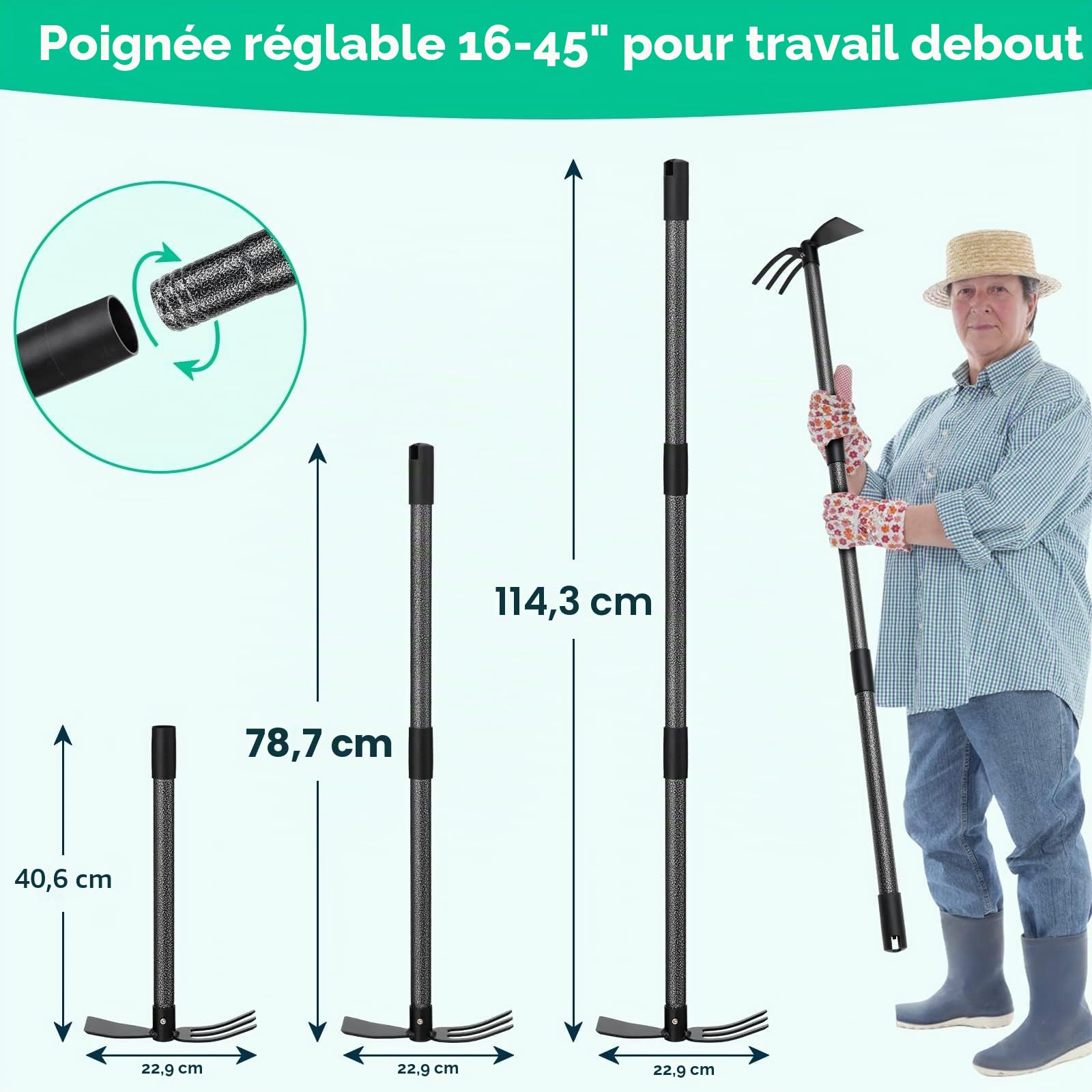 Houe de Jardin avec 2 Griffes, Largeur 114cm, Serfouette Binette Trident de Jardin pour Labourer et Désherber Le Sol, Cultivateur de Jardinage Manuel…