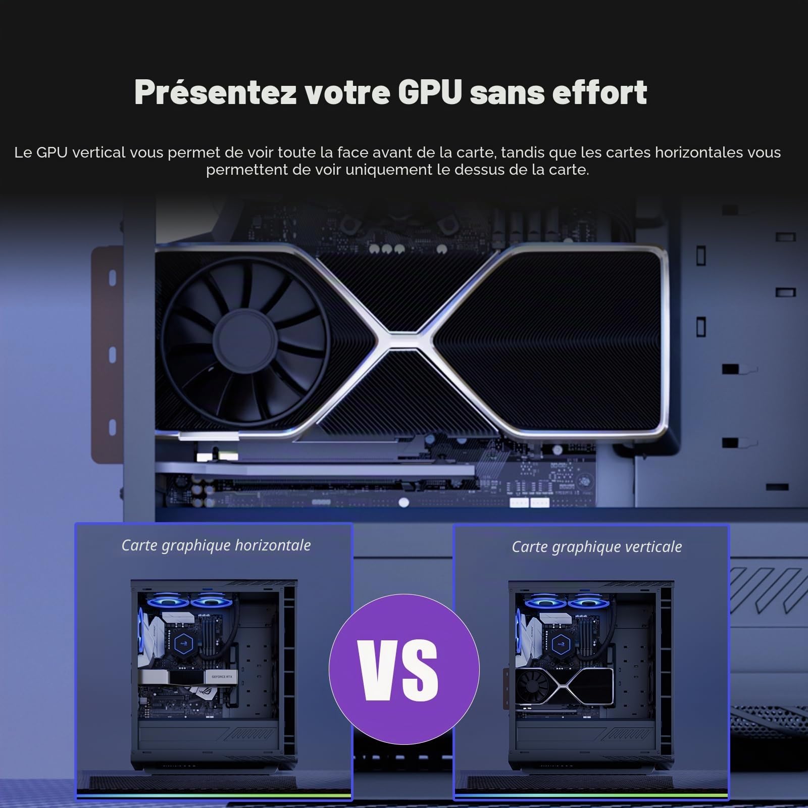 GLOTRENDS Support GPU 2 Slots avec 180mm PCIe 4.0 Riser Cable pour Montage Vertical du GPU, Compatible avec Les séries RTX 40/30 et Radeon RX7000/RX6000, boîtiers PC avec Design Ouvert PCI 7/8 Slots
