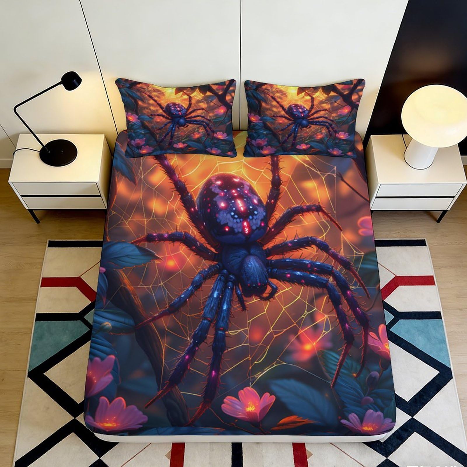3D Printed Fantasy Spider Fitted Sheet Microfiber Soft Decor Floral Bed Cover for Bedroom Guest Room Dorm 90x200x25cm