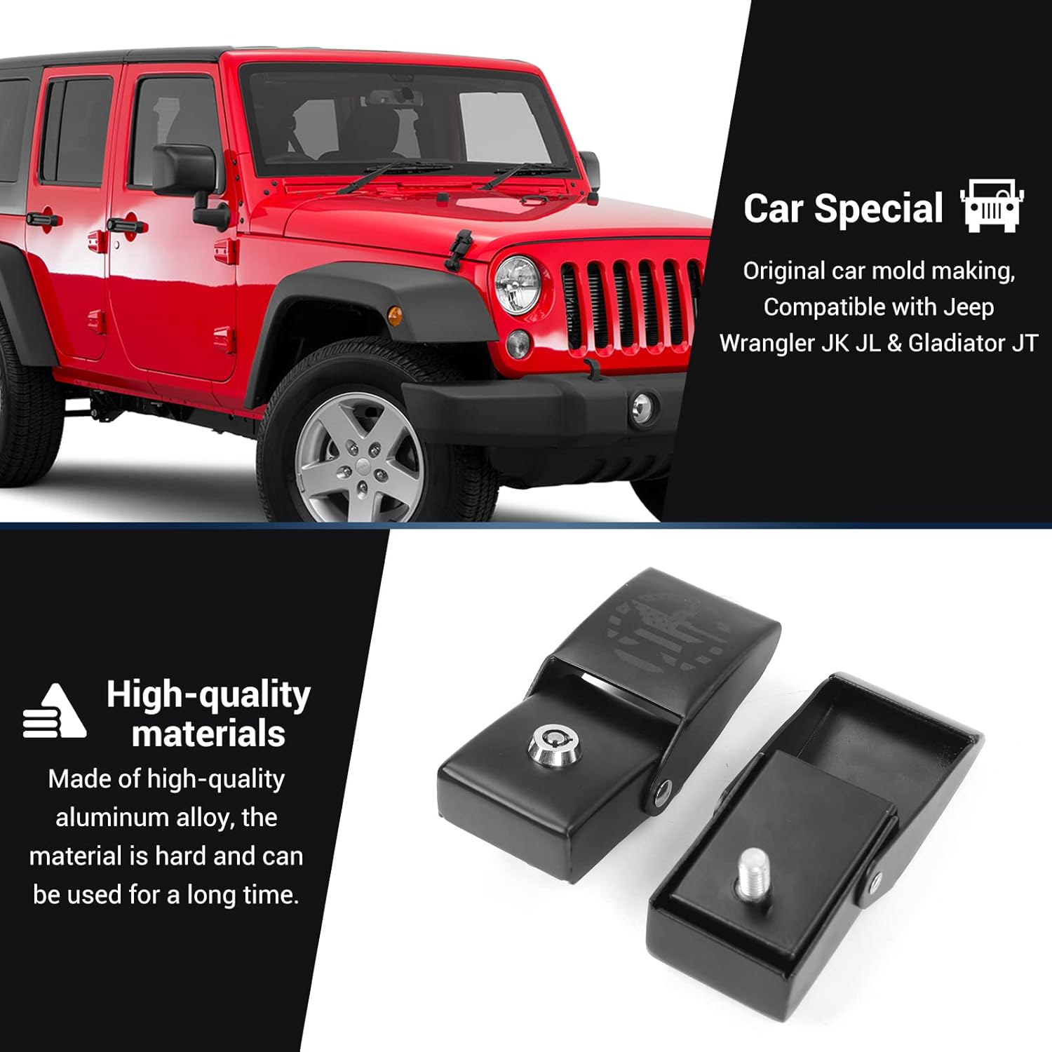 JeCar Aluminum Hood Latches Locking Hood Catch Kit Exterior Accessories Compatible with Jeep Wrangler 2007-2023 JK JL Gladiator JT Truck, Star