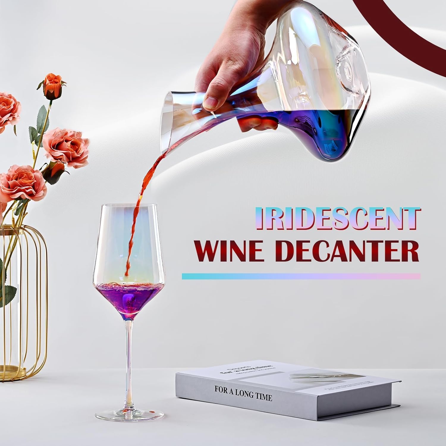 esmen Decantador de Vino Iridiscente de 1200 ml, Decantador de Jarra de Vino soplado a Mano, Accesorio de aireador de Vino de Cristal para Amantes del Vino Jarra para Vino