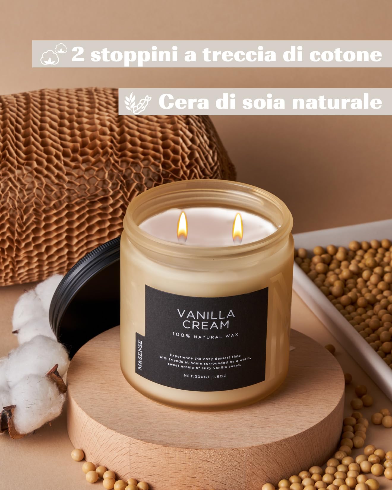 M&SENSE Candela profumata di Crema alla vaniglia, candela media a 2 stoppini da 330g, 70 ore di combustione, candela profumata per aromaterapia rilassante, regalo di inaugurazione per donne e uomini