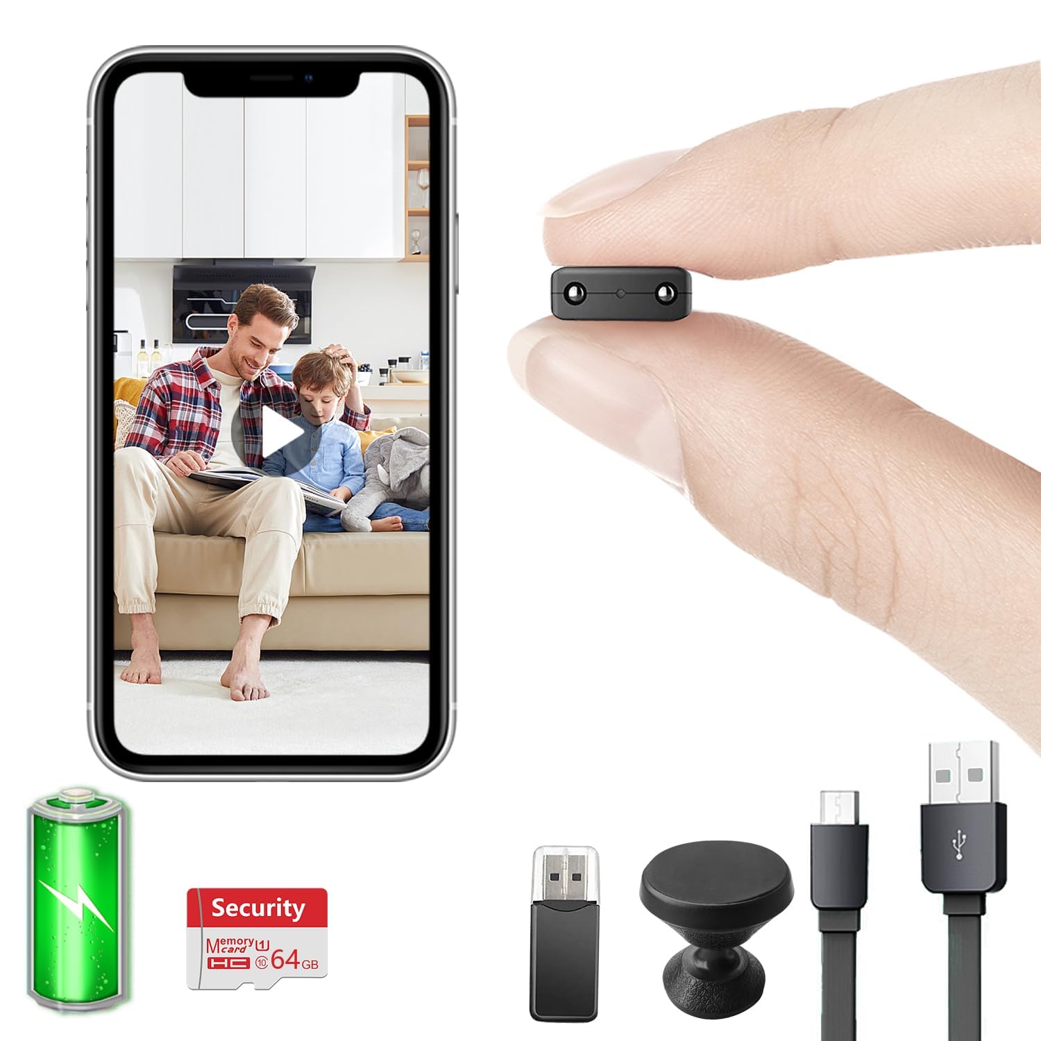 64 G gratis: cámara inalámbrica con batería WiFi más pequeña, cámara oculta, cámara espía con grabación de video HD4K, alimentación en vivo, monitor de bebé, visión nocturna, detección de movimiento