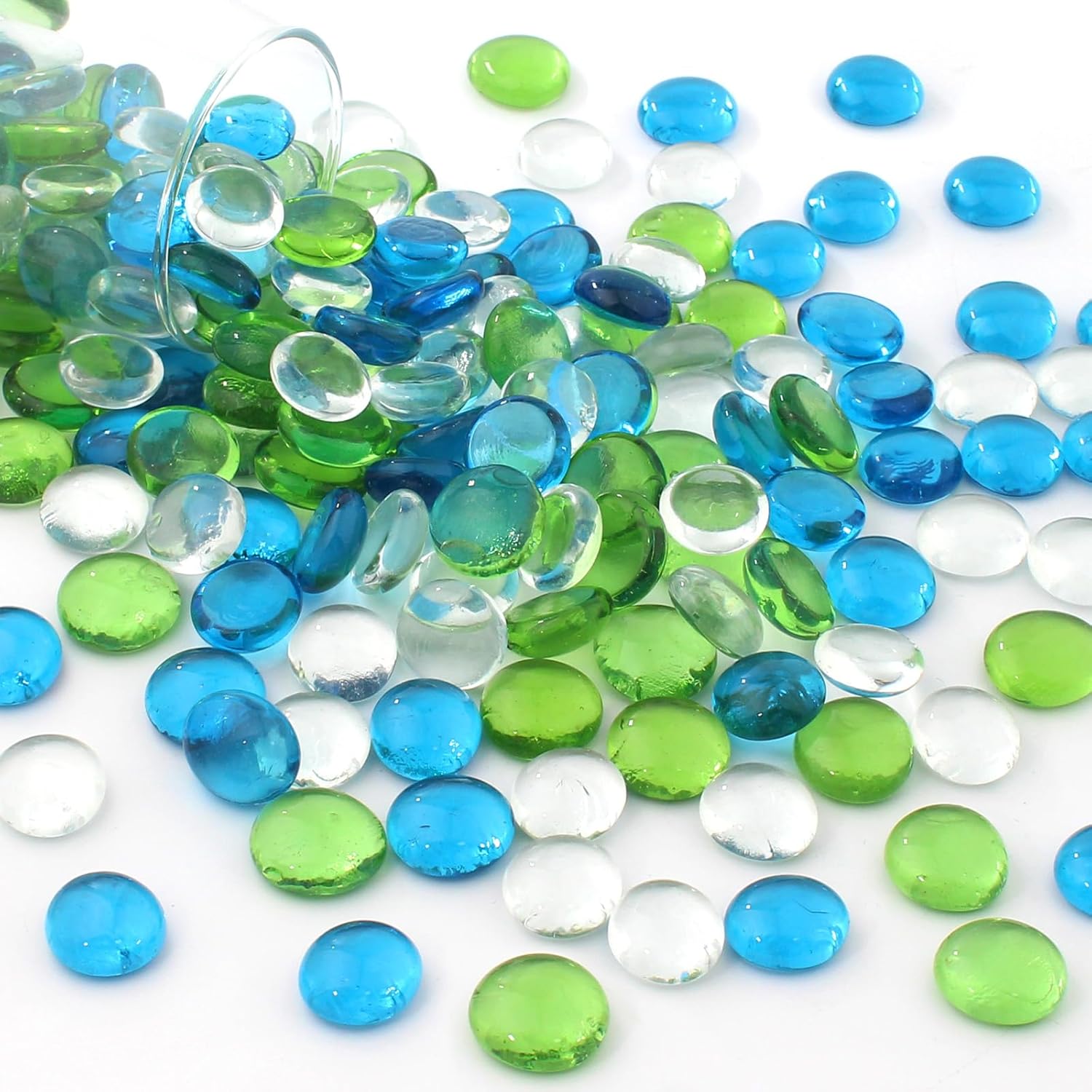0.96 LB Mix Color Flat Glass Beads Marbles 0.65-0.75 Inch Smooth Stone Pebbles for Aquarium Fish Tank Rocks Vase Fillers Floral DIY Craft Gems Home Decor(Green Sea Blue Transparent)