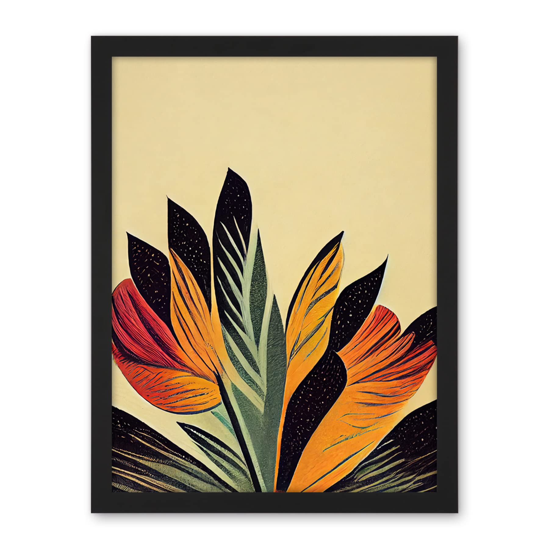 Wee Blue Coo Abstract Retro Art Nouveau Flowers in Bloom Black Gold Artwork Framed Wall Art Print 18X24 Inch