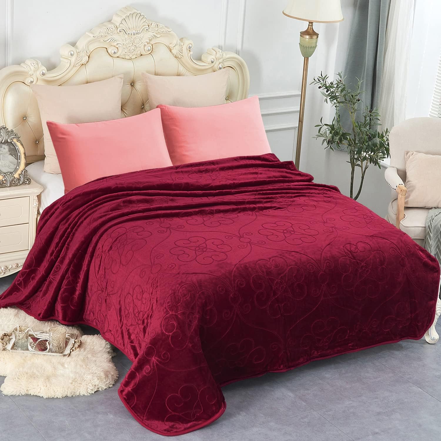 JYK Luxury Fleece Plush Blanket 3.5 LB, 1 Ply, Korean Mink Blanket Queen 79" x 91" - Super Soft and Warm, Lightweight and Cozy Fuzzy Solid Color Embossed Fleece Blanket for Bed (Burgundy)