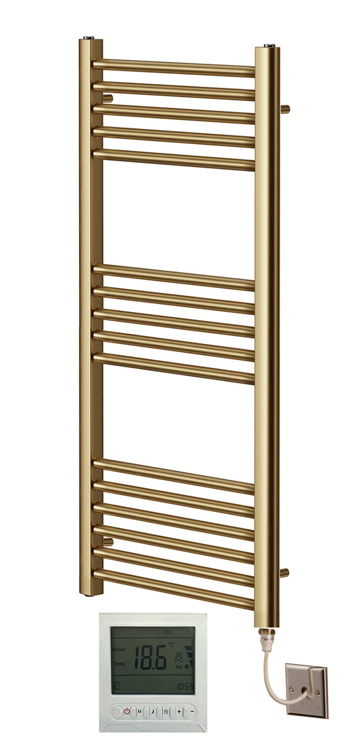 Greened House Brushed Brass Electric Towel Rail 500mm W x 1000mm H + Timer