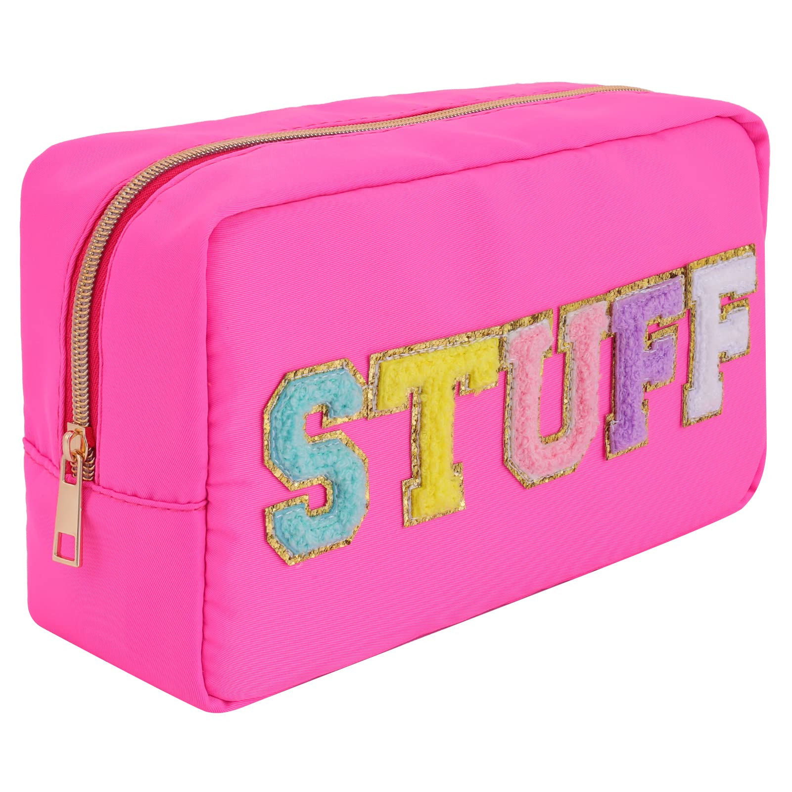 Preppy Patches Makeup Bag Pencil Case Nylon Makeup Pouch Chenille Letter Cosmetic Bag Stuff Waterproof Toiletry Bag for Women Skin Care e Bag 9.84