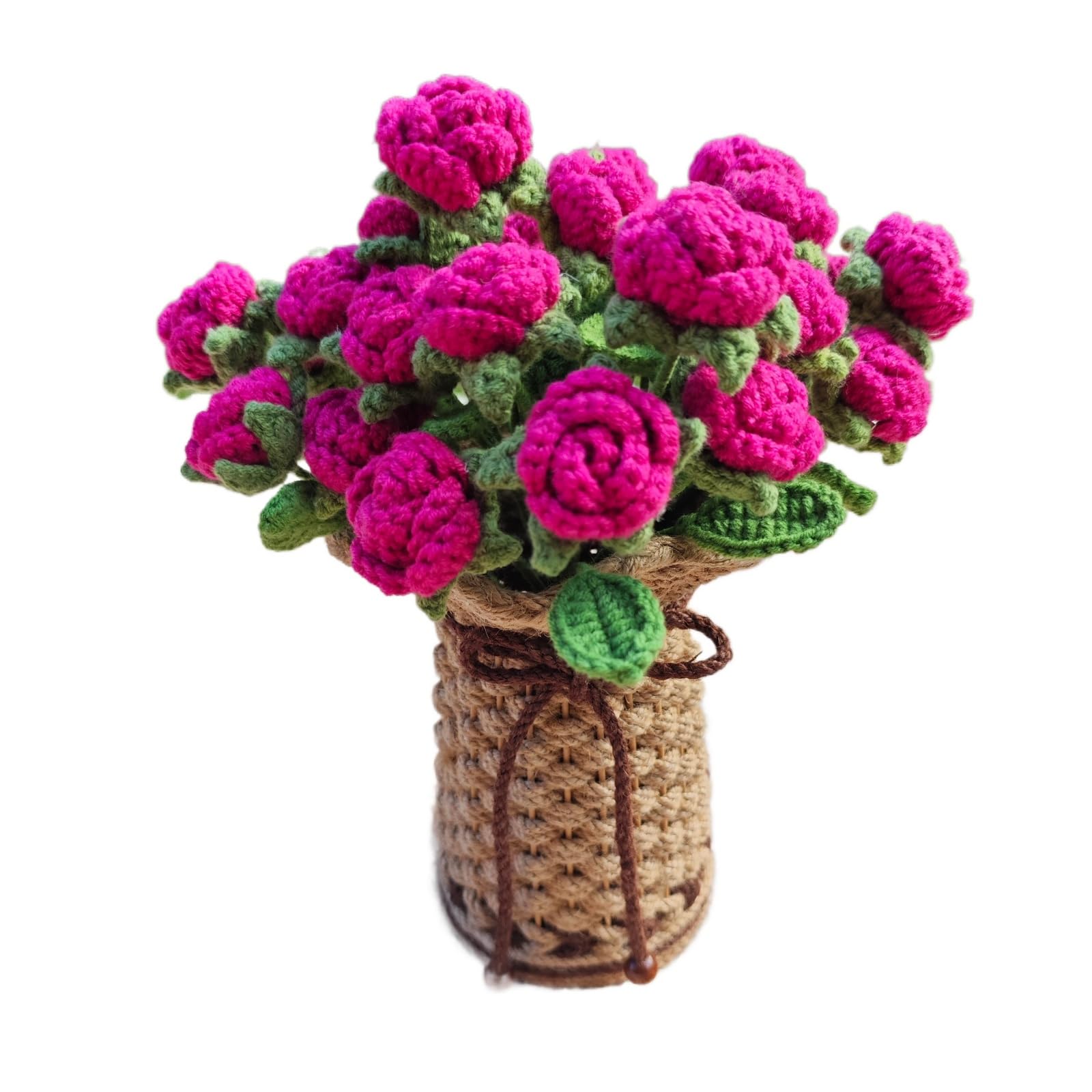 THREEBOY Crochet Red Roses Artificial Flowers Bouquet with Knitted Flower Vase Mothers Day Valentines Gifts Office Desk Decor Rose