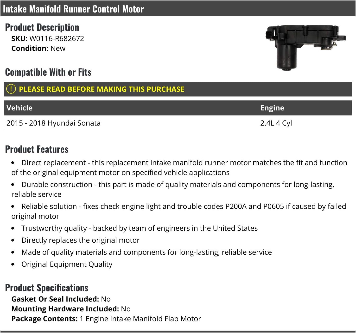 Intake Manifold Runner Control Motor - Compatible with 2015-2018 Hyundai Sonata 2.4L 4-Cylinder
