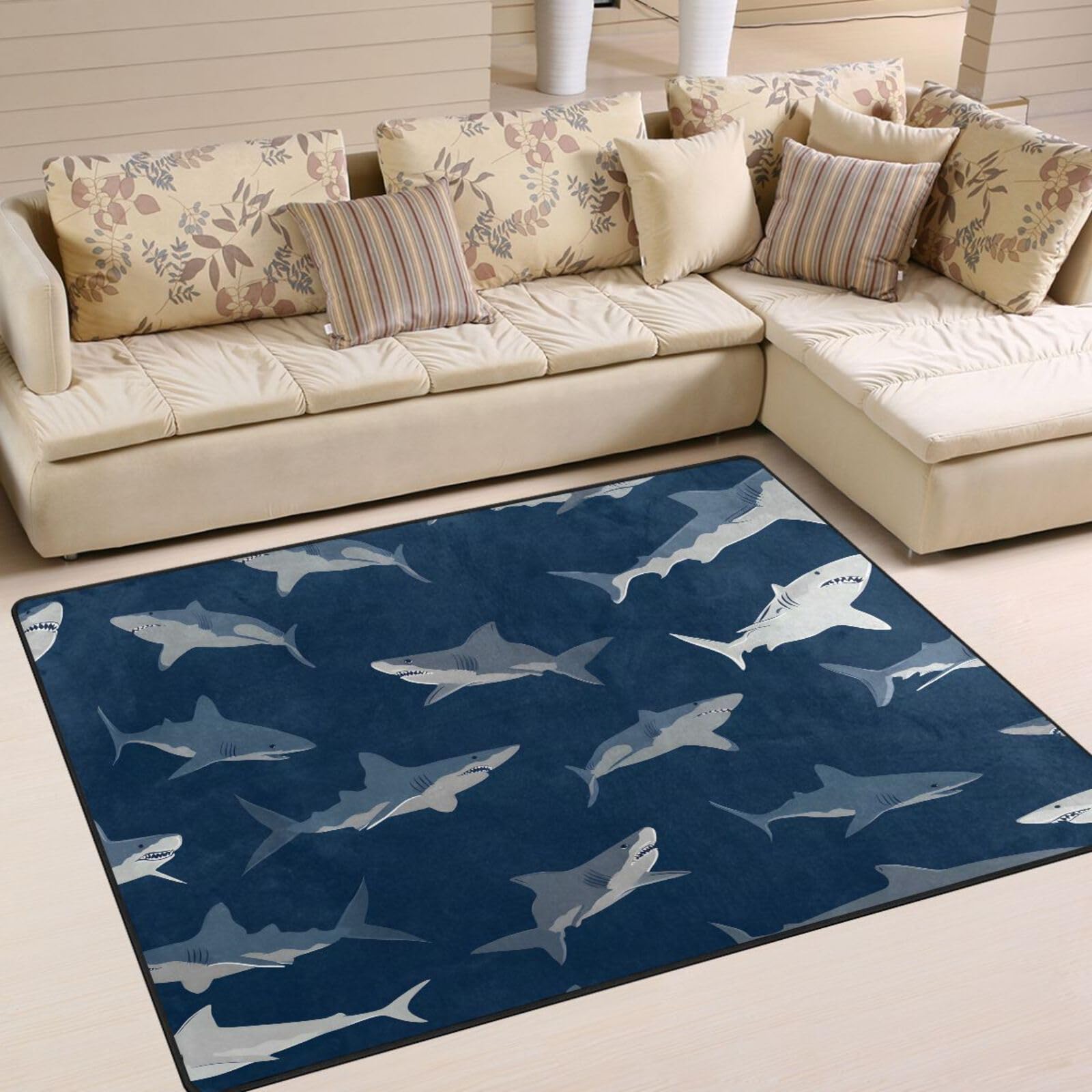 ALAZA Blue Cartoon Shark Print Area Rug Rugs for Living Room Bedroom 4' x 5'3"