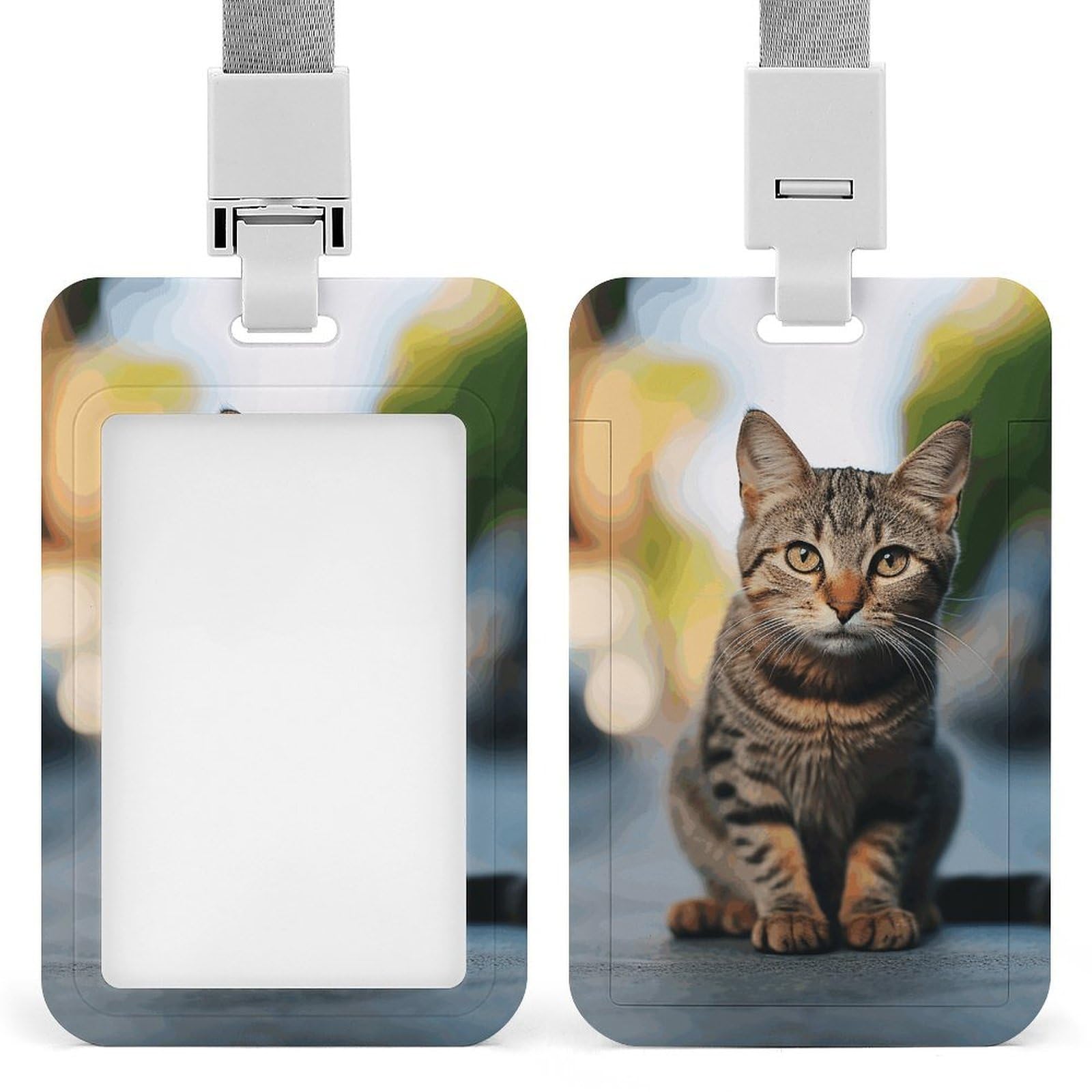 ID Card Holders for Lanyard,Brown Tabby Kitten Printed Badge Holder with Clear Window,Plastic Vertical Bus Pass Holders for Work Teacher Nurse Employees Proximity Key Cards Women Men — image 1