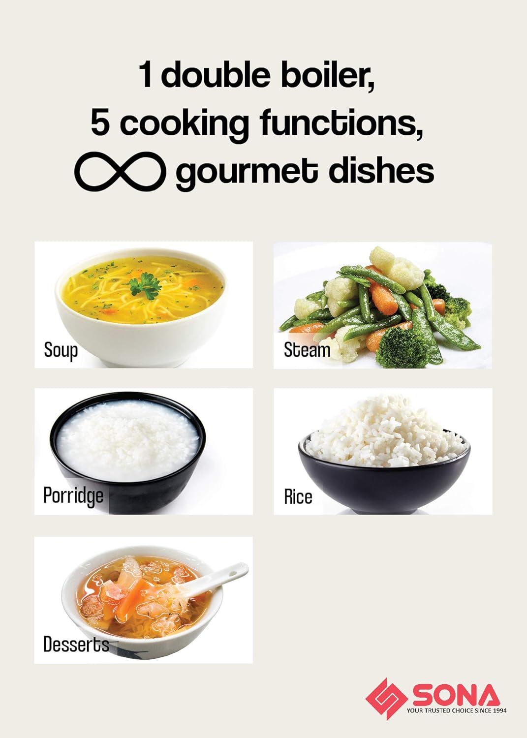 Image displaying five food types: Soup, Steam, Porridge, Rice, Desserts, indicating cooking functions